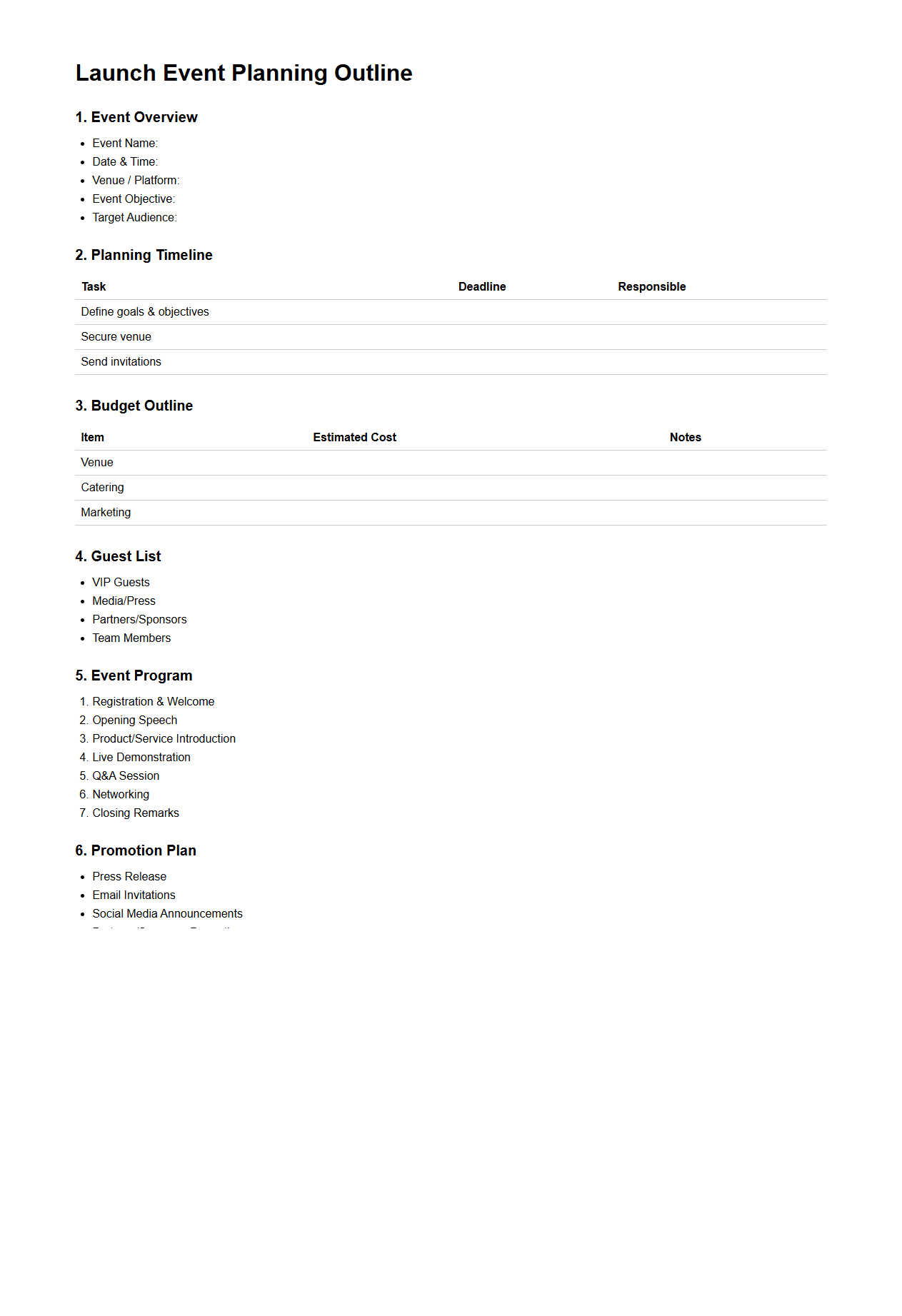 Launch Event Planning Outline