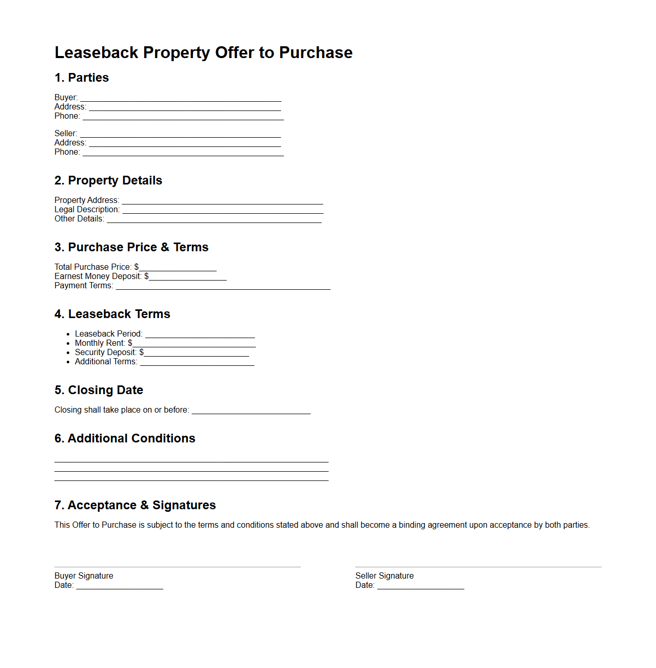 Leaseback Property Offer to Purchase Template