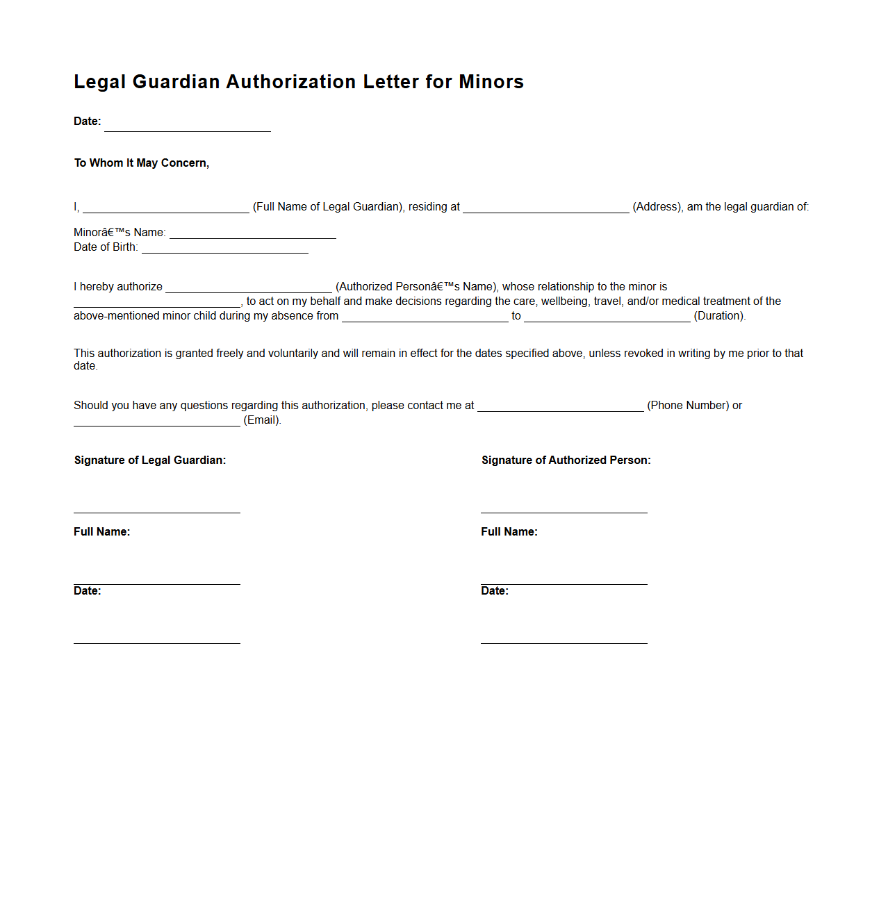 Legal Guardian Authorization Letter for Minors