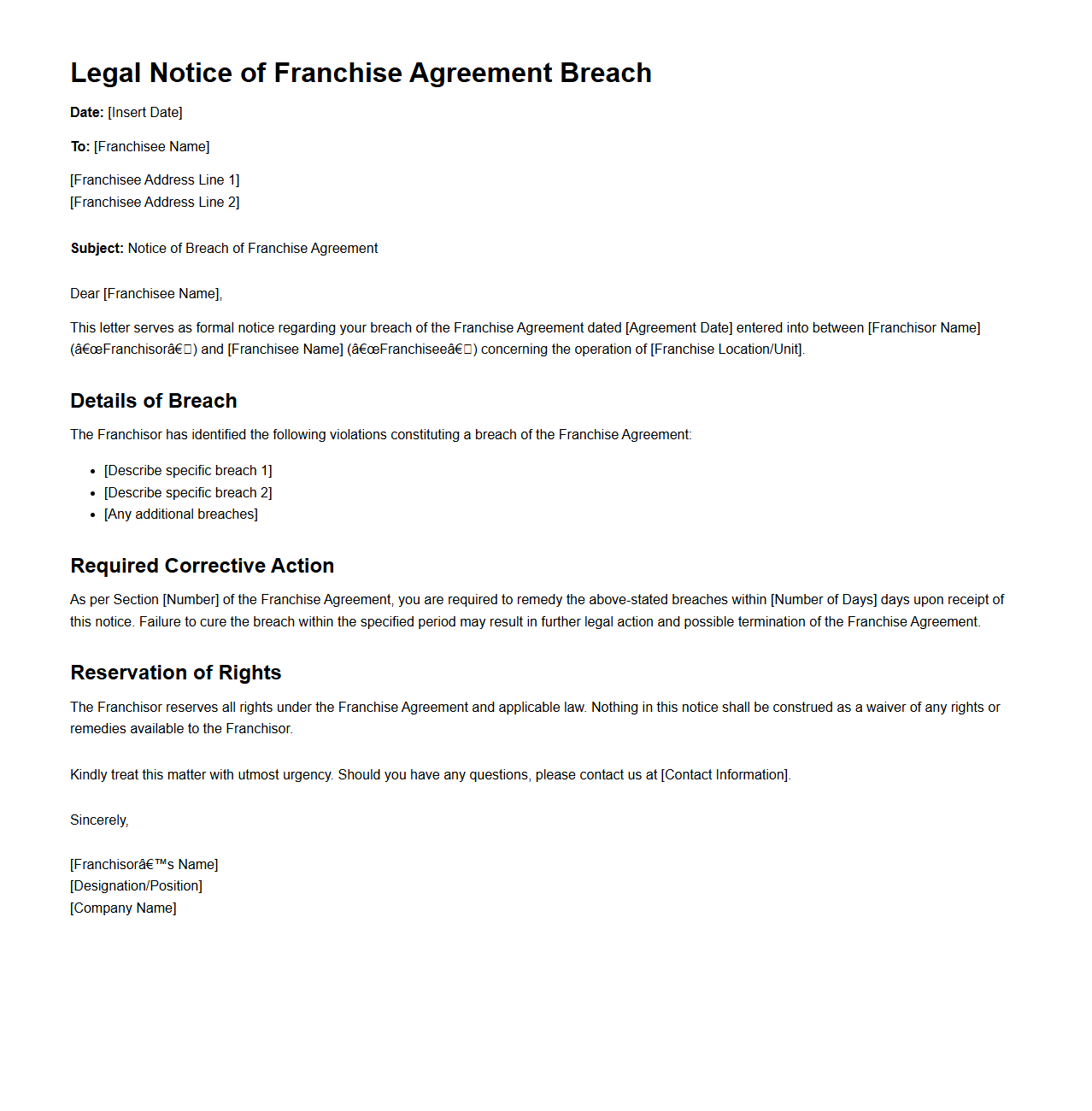 Legal Notice Content for Franchise Agreement Breach
