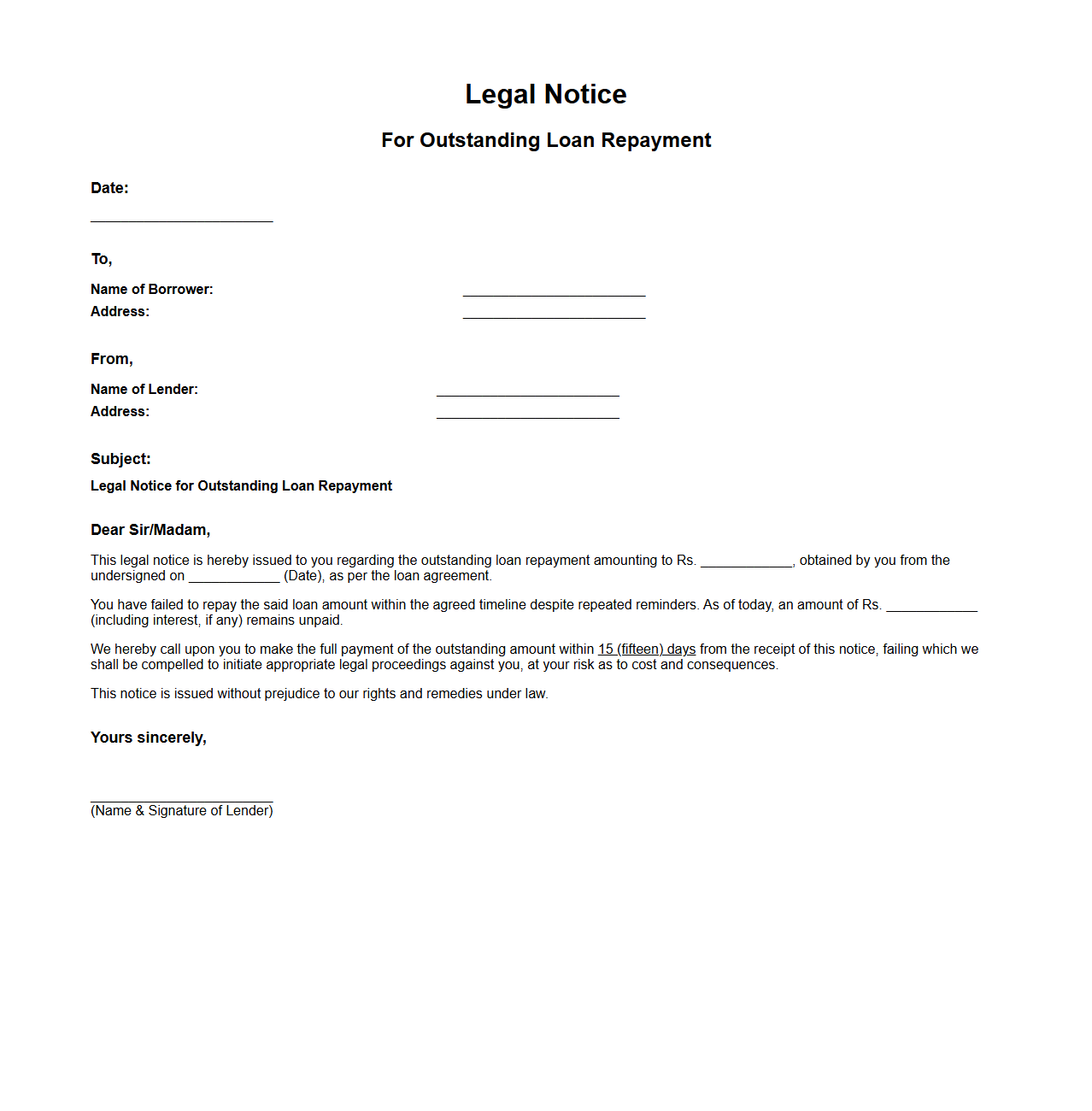 Legal Notice Format for Outstanding Loan Repayment