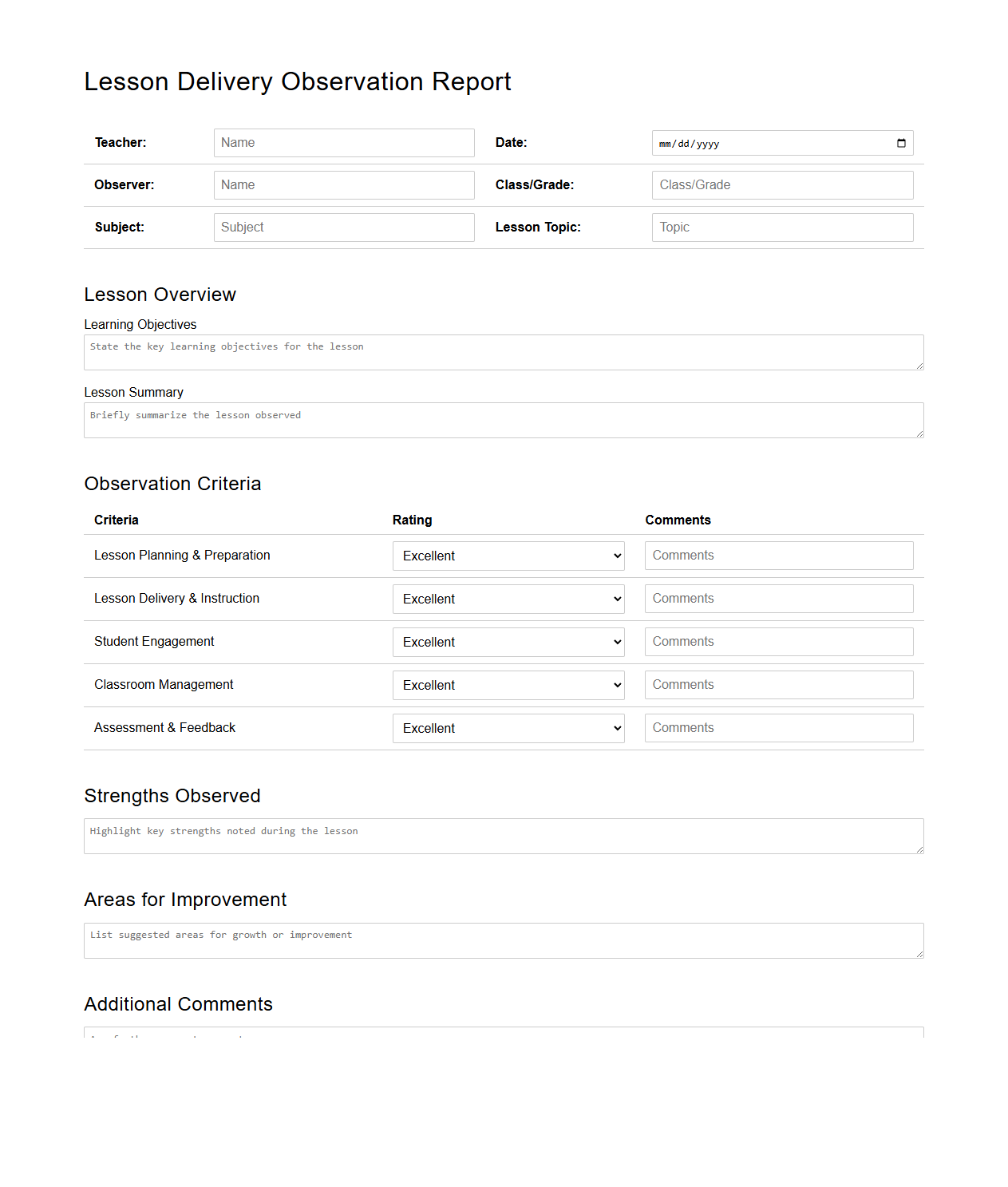 Lesson Delivery Observation Report Example
