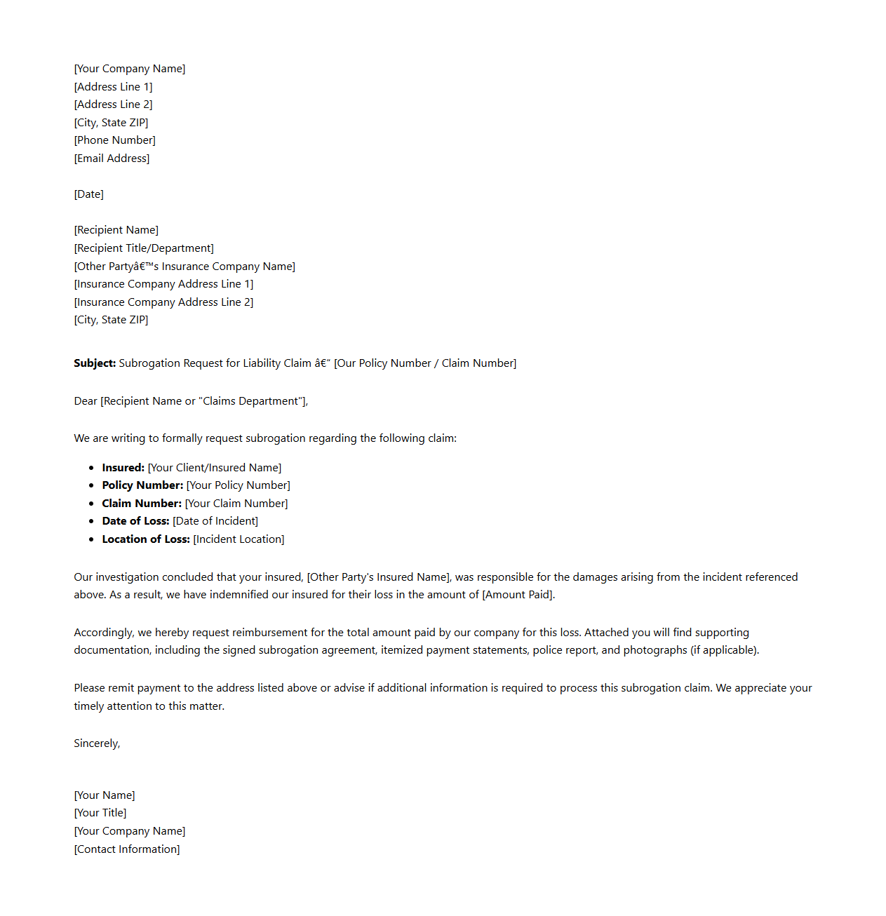 Liability Insurance Subrogation Request Letter