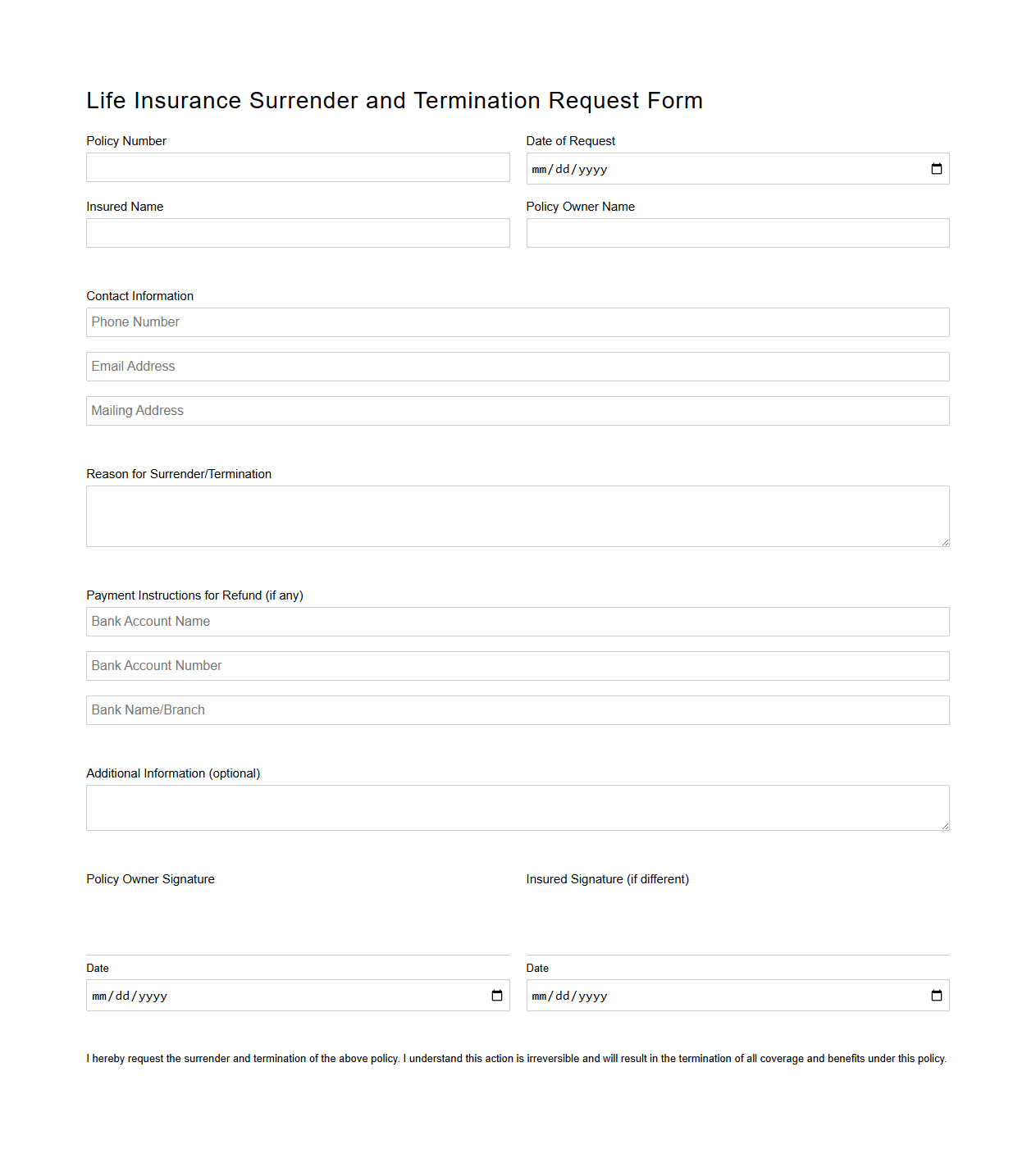 Life Insurance Surrender and Termination Request Form