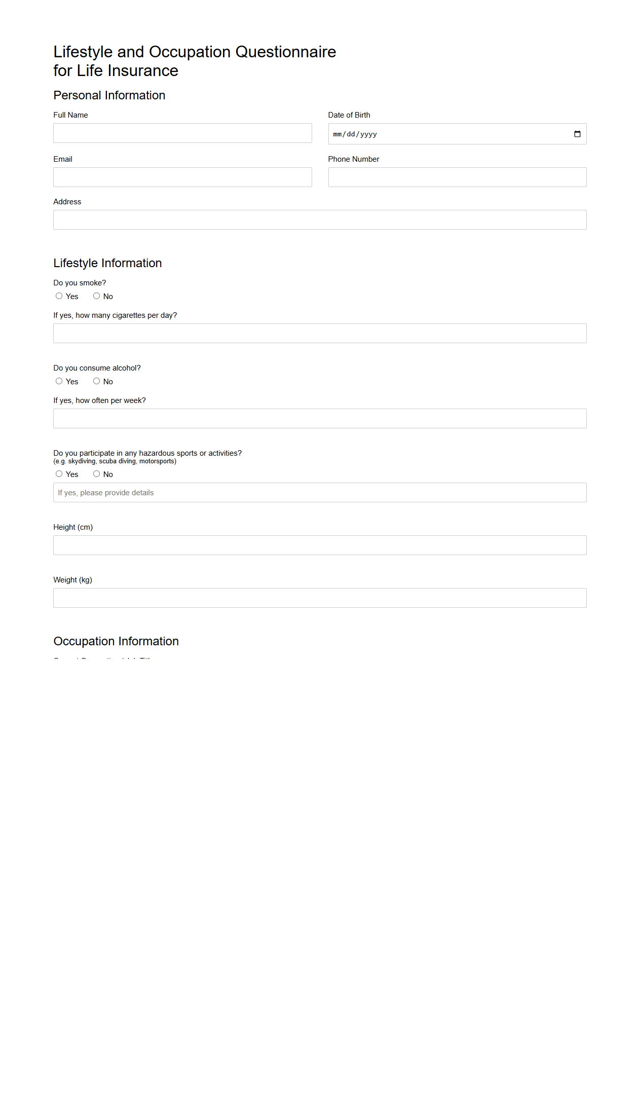 Lifestyle and Occupation Questionnaire for Life Insurance