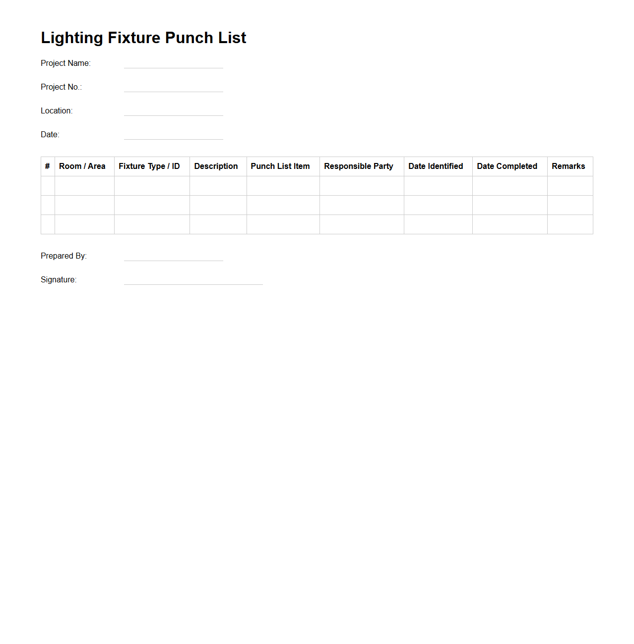 Lighting Fixture Punch List Document