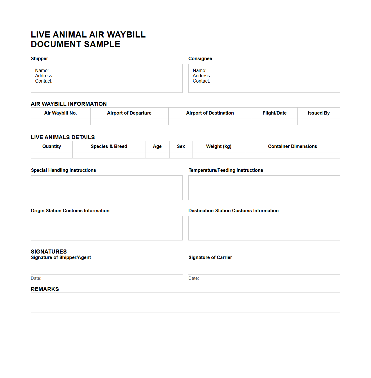 Live Animal Air Waybill Document Sample