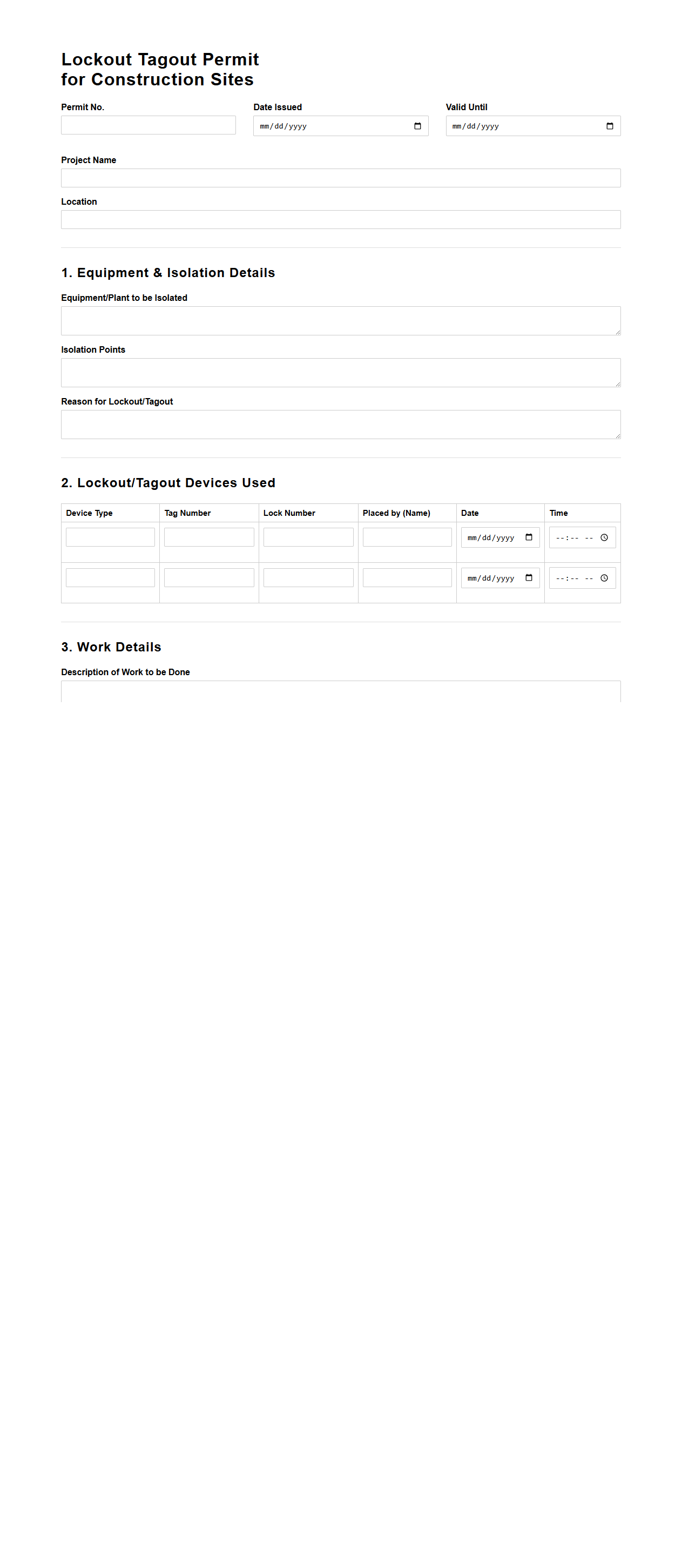 Lockout Tagout Permit Template for Construction Sites