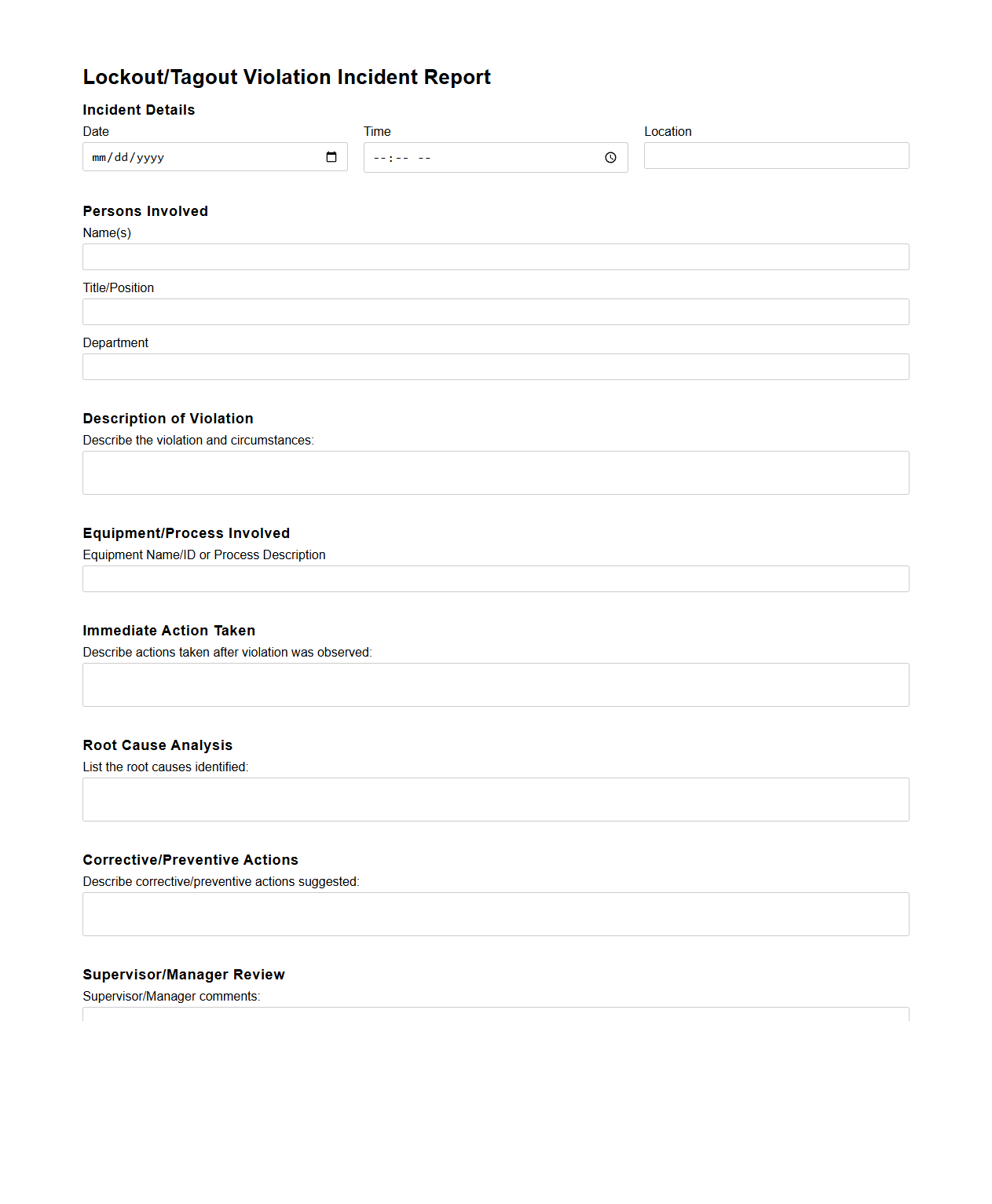 Lockout/Tagout Violation Incident Report