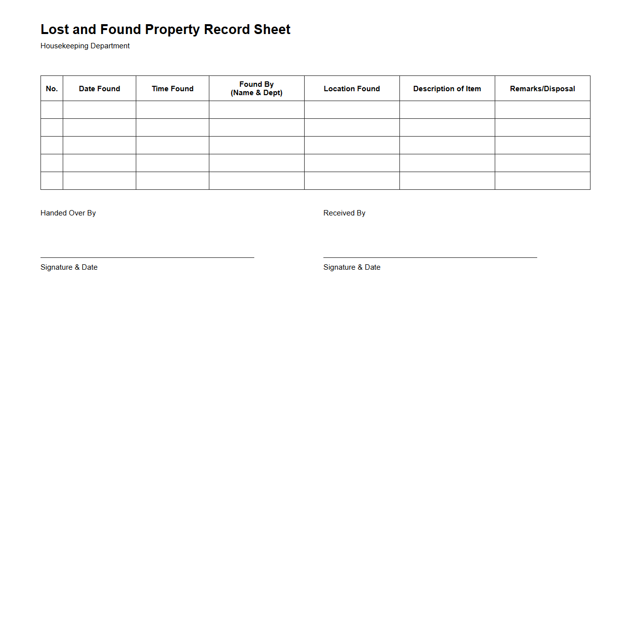 Lost and Found Property Record Sheet for Housekeeping