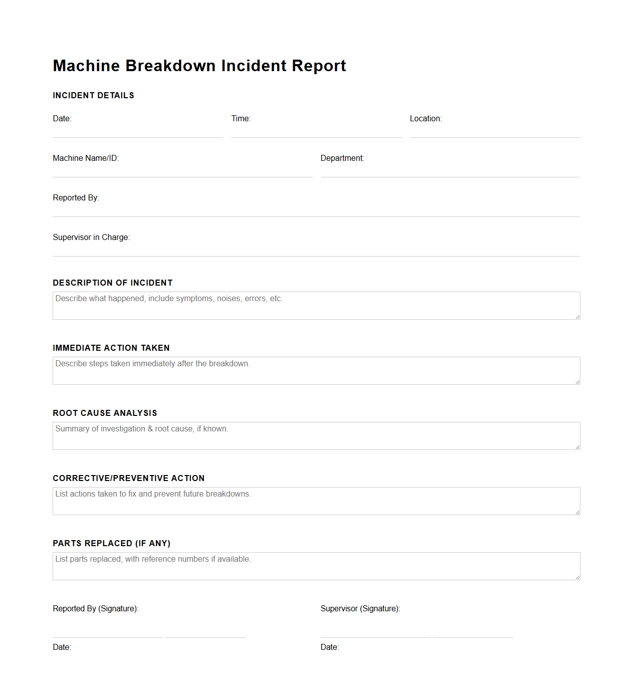 Machine Breakdown Incident Report Sample