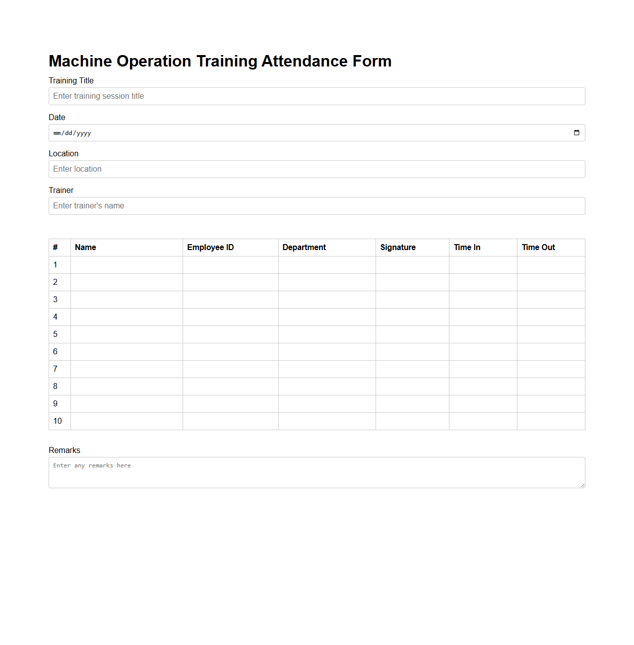 Machine Operation Training Attendance Form