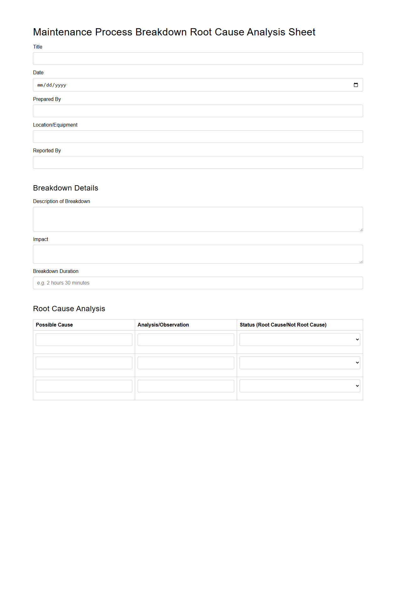Maintenance Process Breakdown Root Cause Analysis Sheet