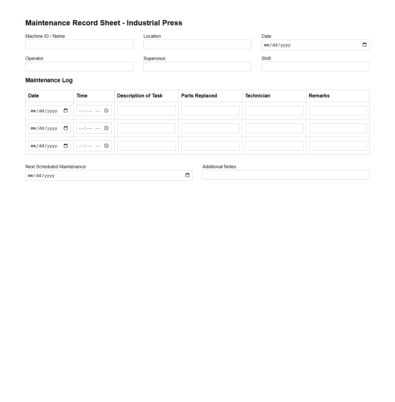 Maintenance Record Sheet for Industrial Presses