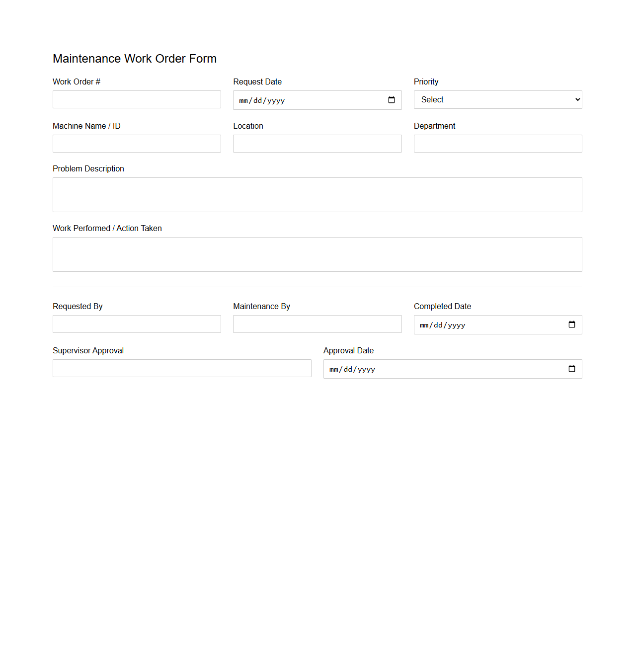 Maintenance Work Order Form for Industrial Machines