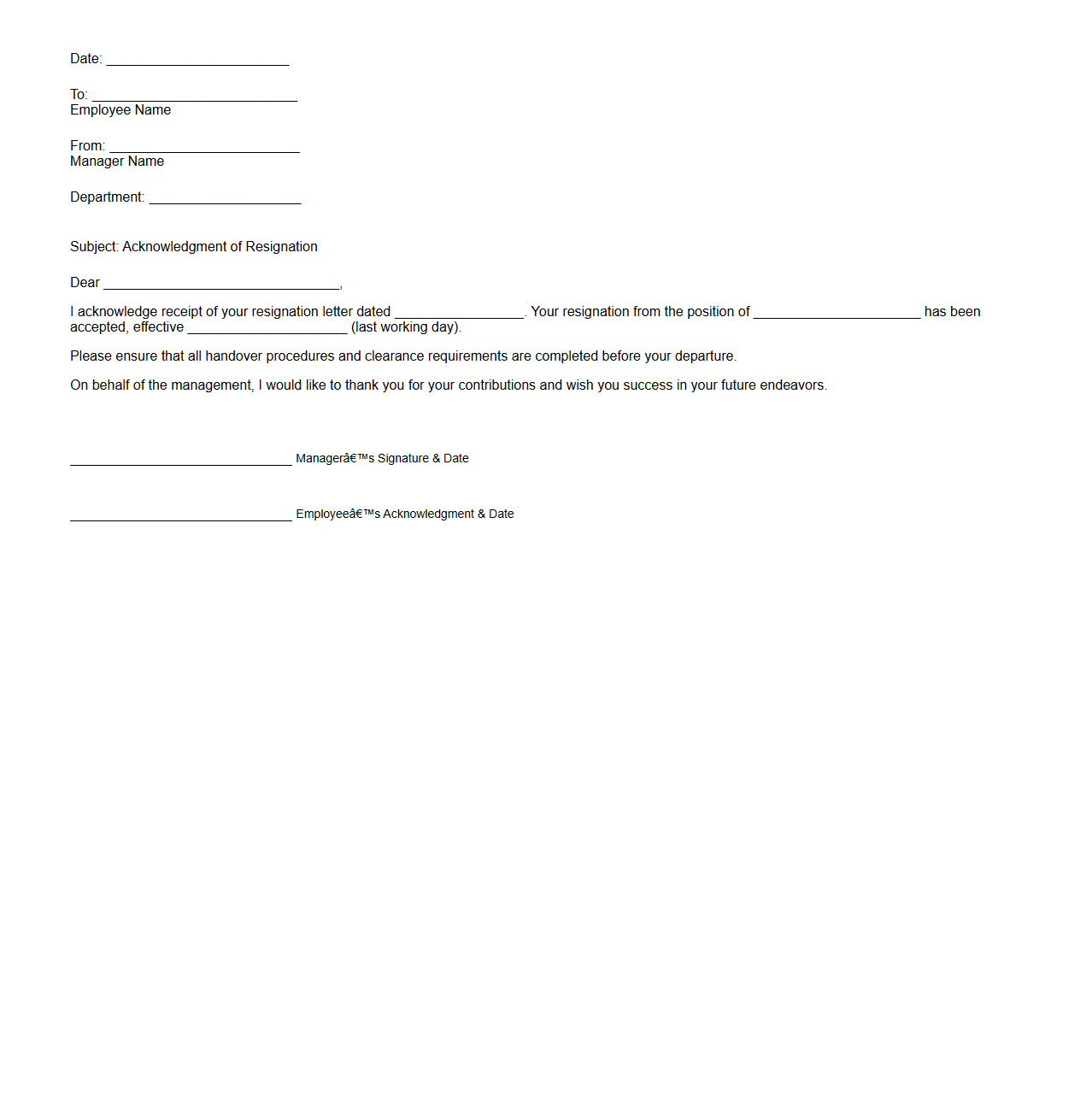 Manager Acknowledgment of Resignation Letter