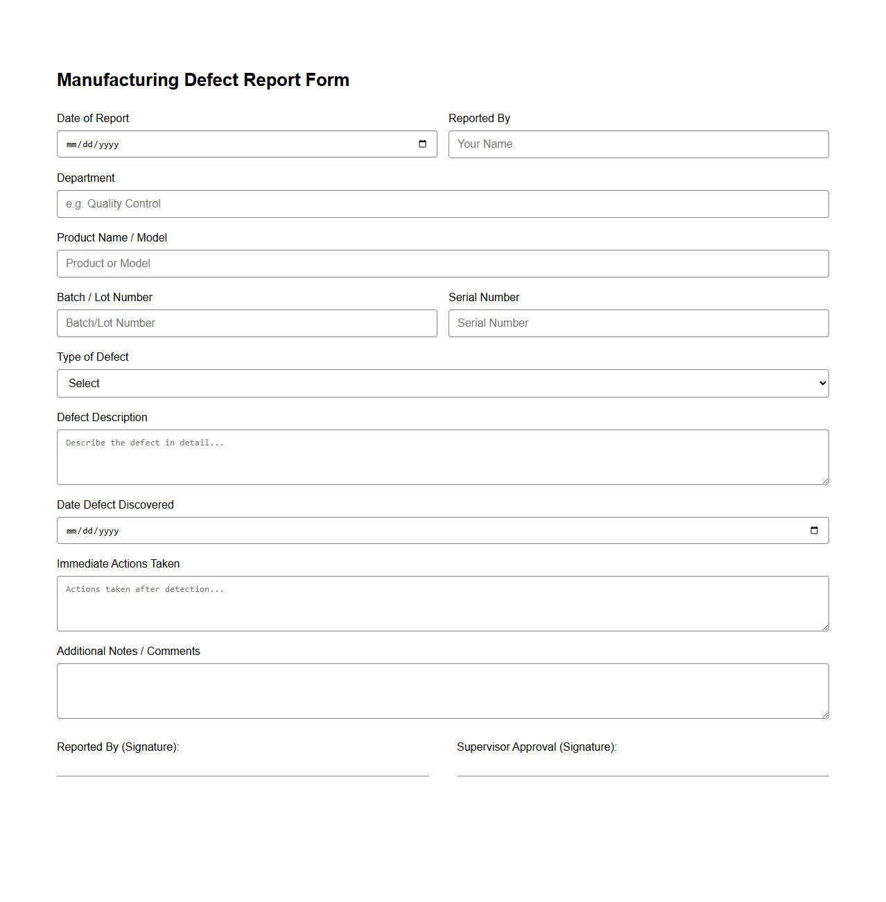 Manufacturing Defect Report Form Example