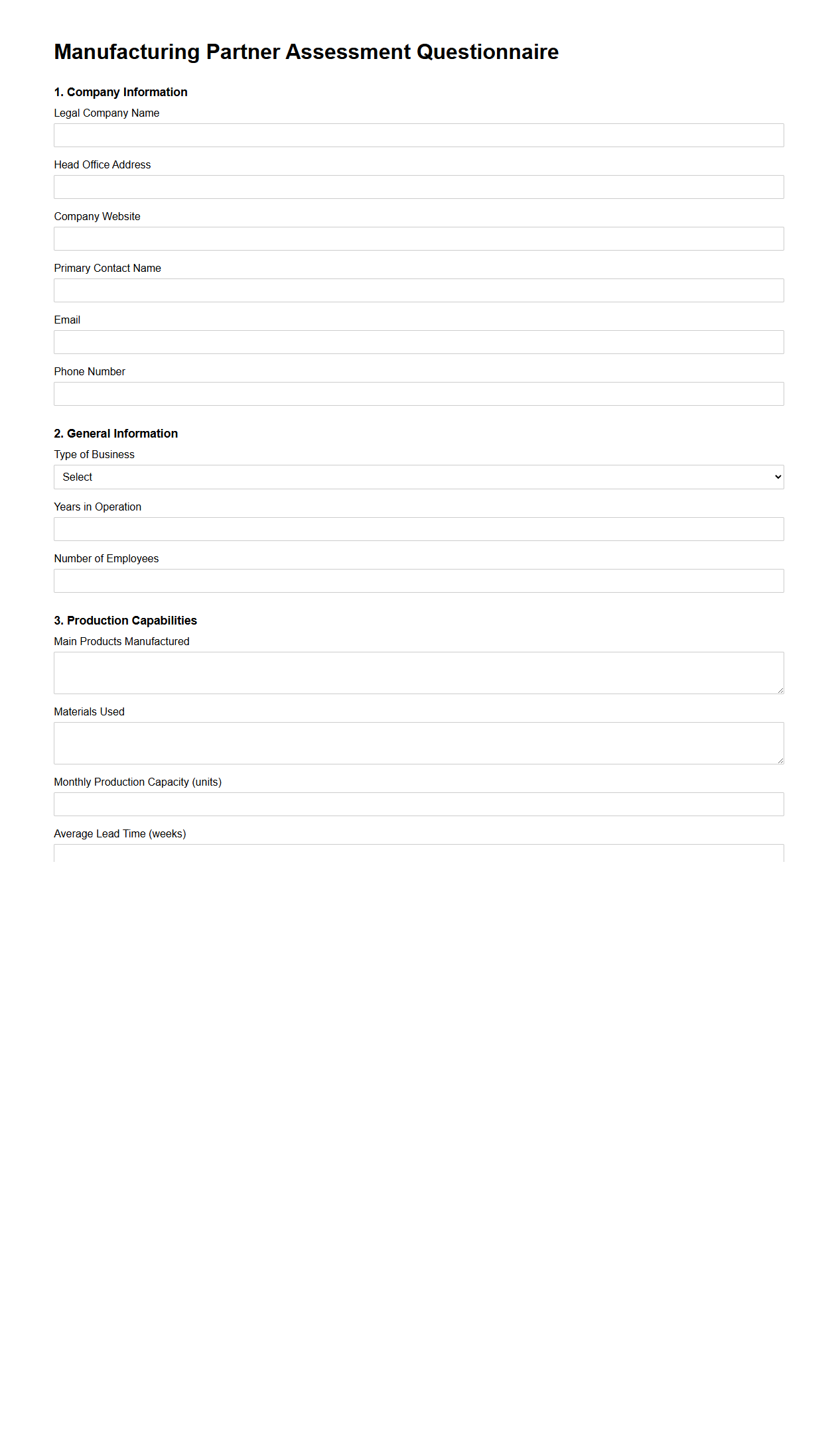 Manufacturing Partner Assessment Questionnaire