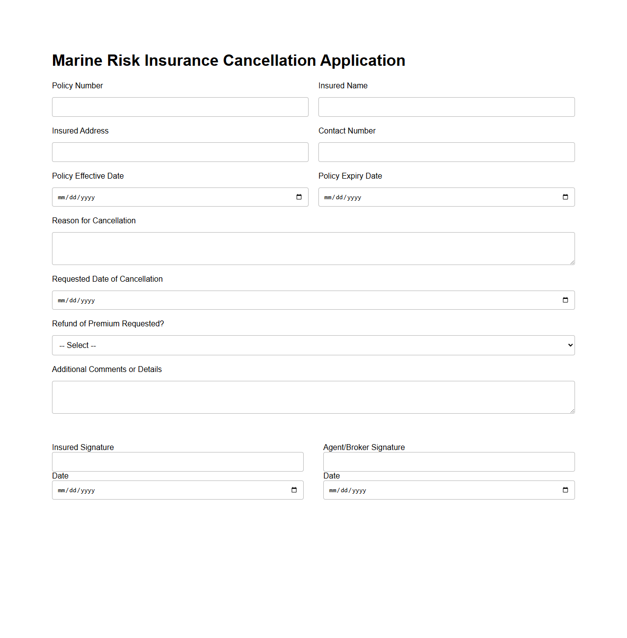 Marine Risk Insurance Cancellation Application Template
