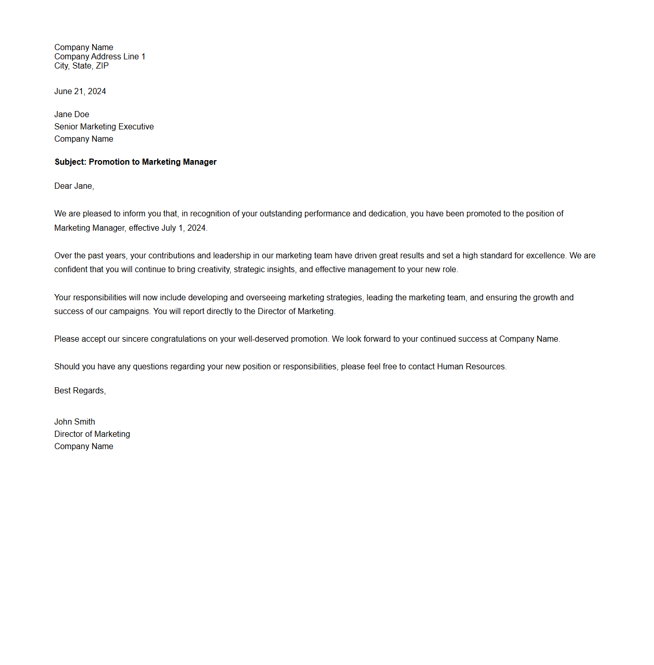 Marketing Manager Promotion Letter Example