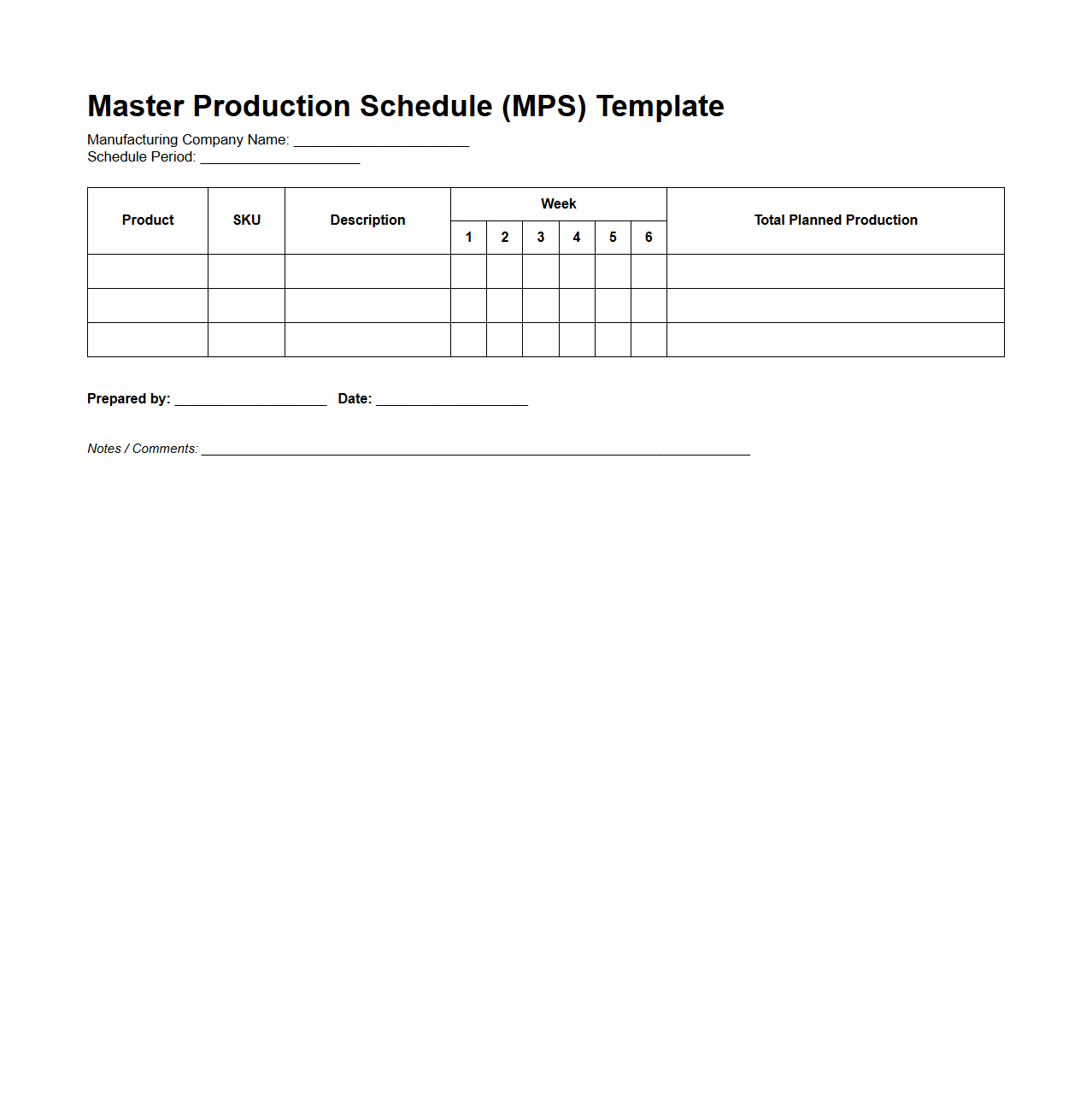 Master Production Schedule Template for Manufacturing