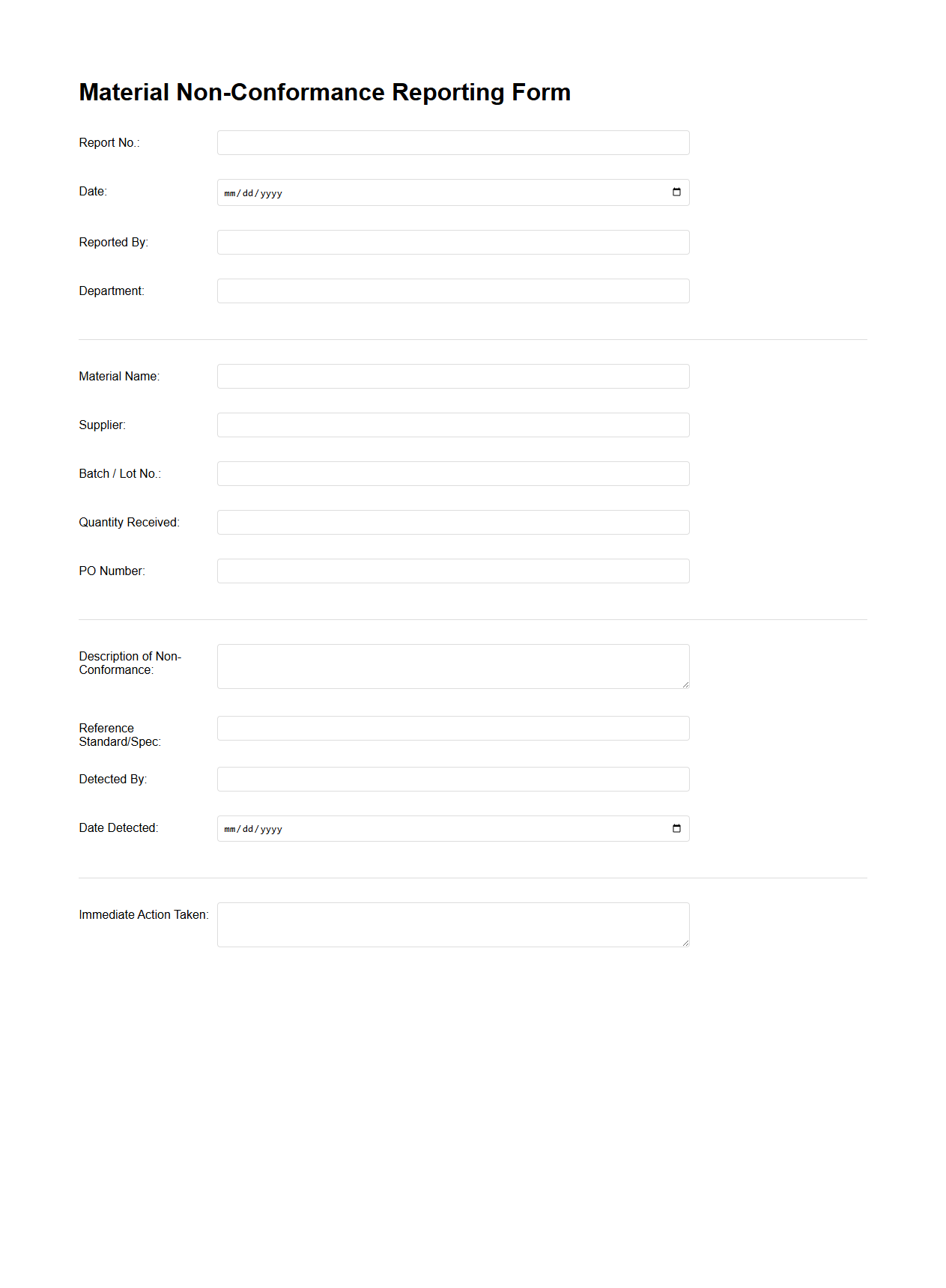 Material Non-Conformance Reporting Form