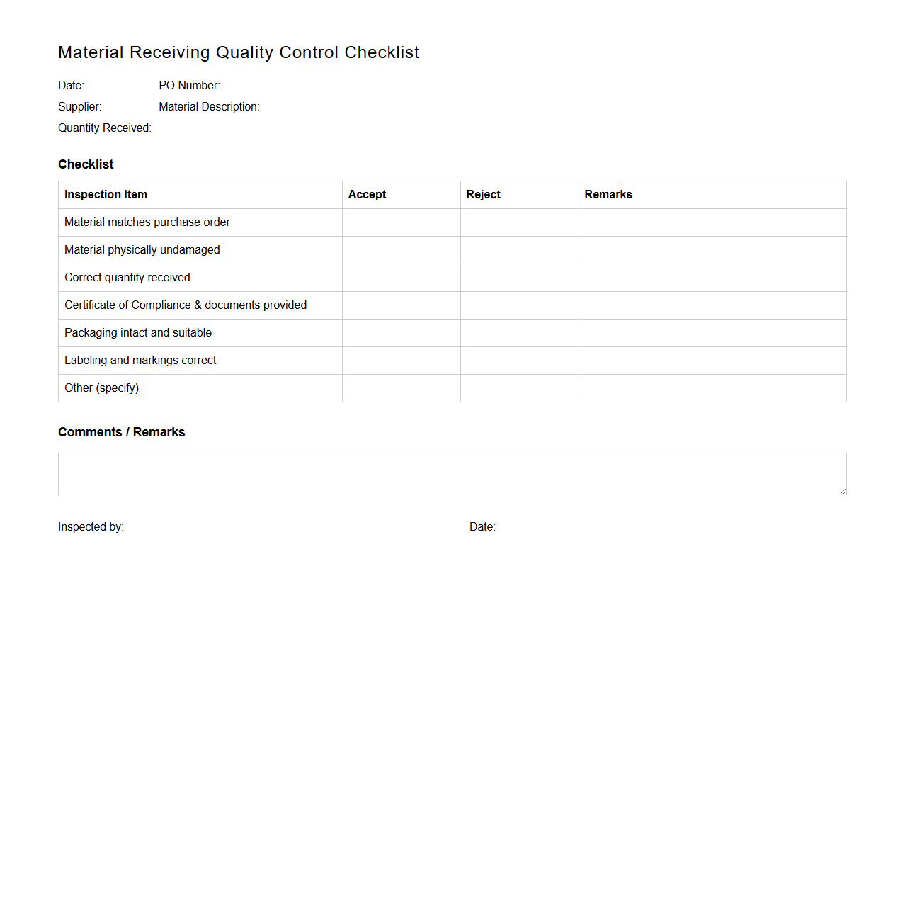 Material Receiving Quality Control Checklist Example
