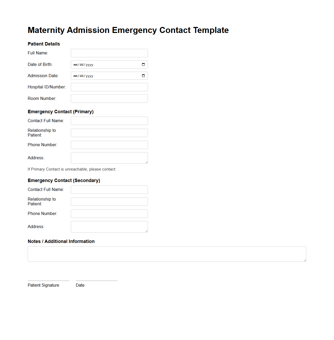 Maternity Admission Emergency Contact Template