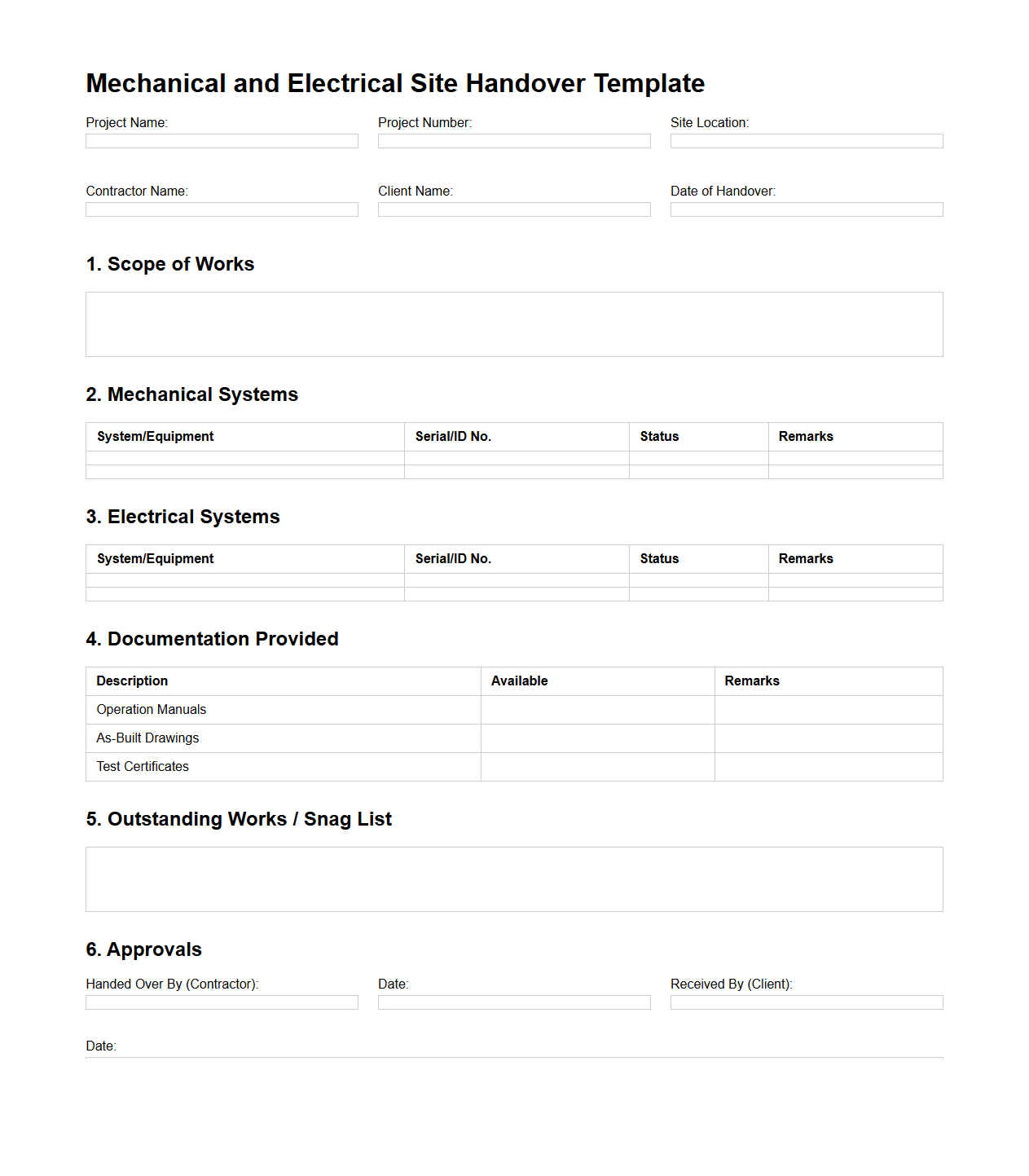 Mechanical and Electrical Site Handover Template