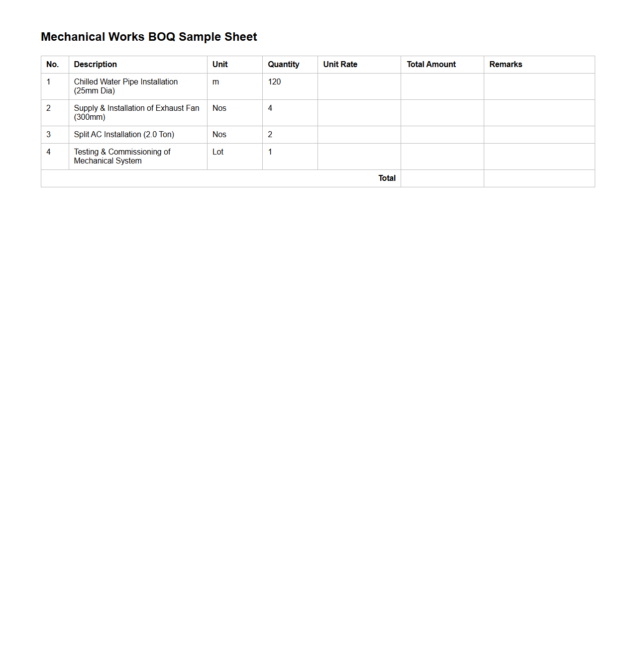 Mechanical Works BOQ Sample Sheet