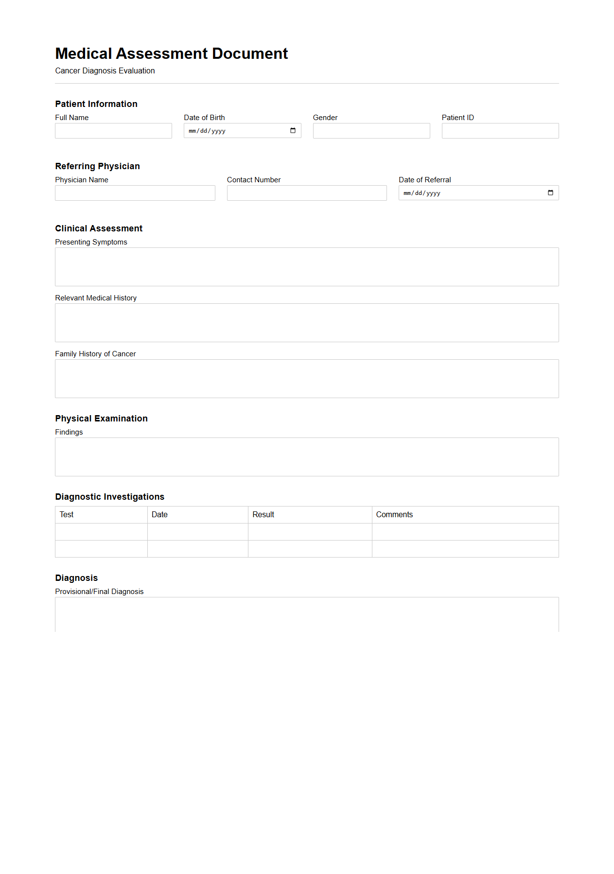 Medical Assessment Document for Cancer Diagnosis