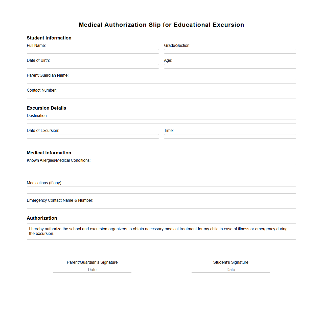 Medical Authorization Slip for Educational Excursion