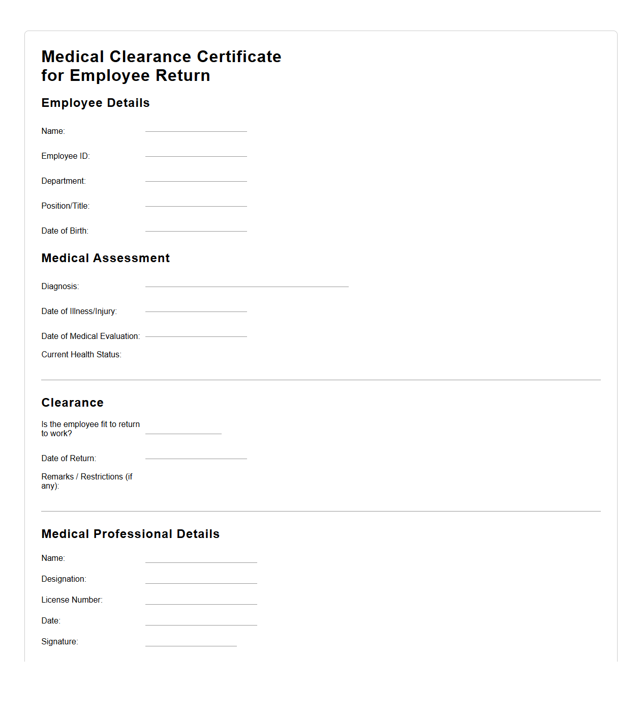 Medical Clearance Certificate for Employee Return