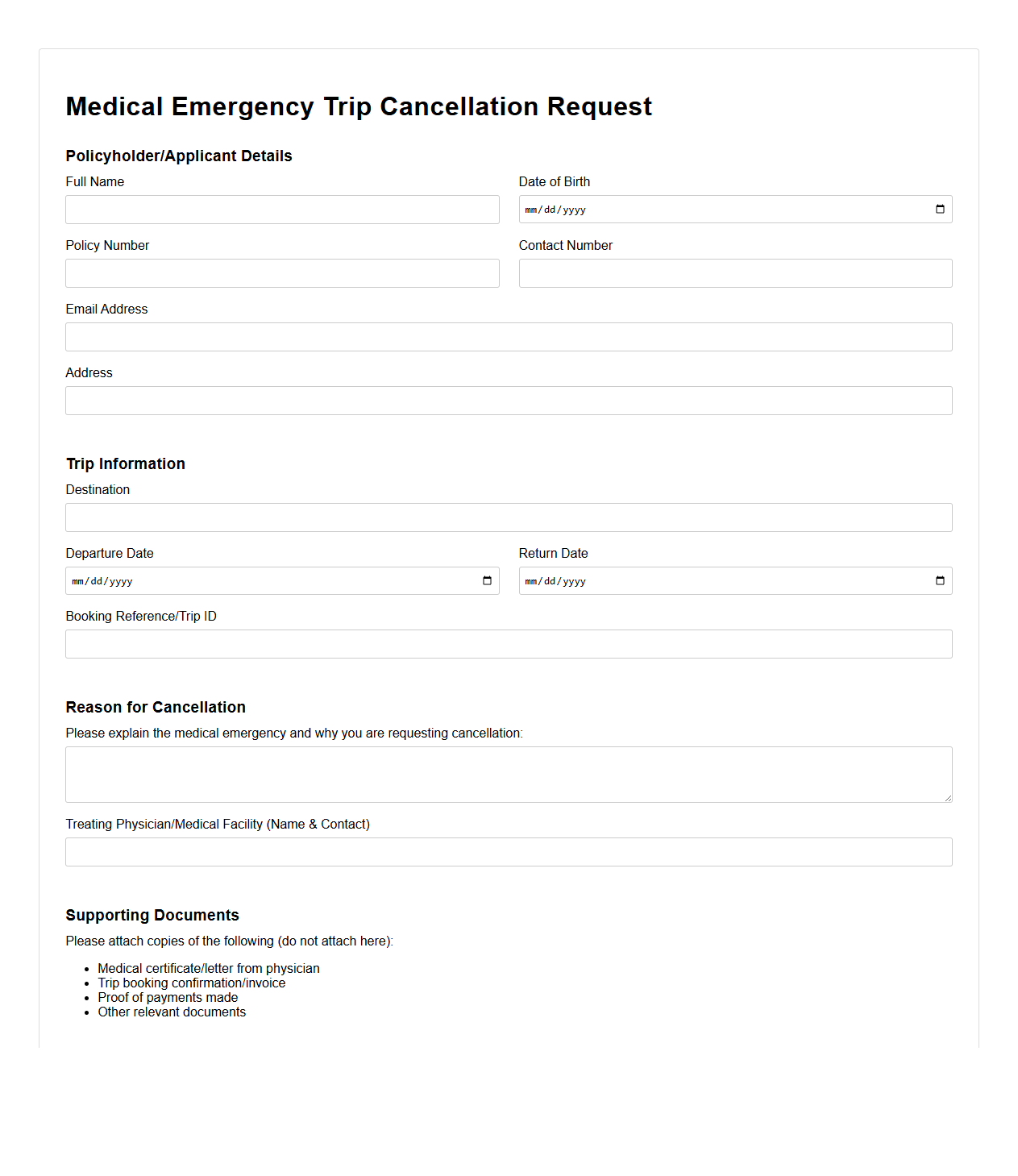 Medical Emergency Trip Cancellation Request Document