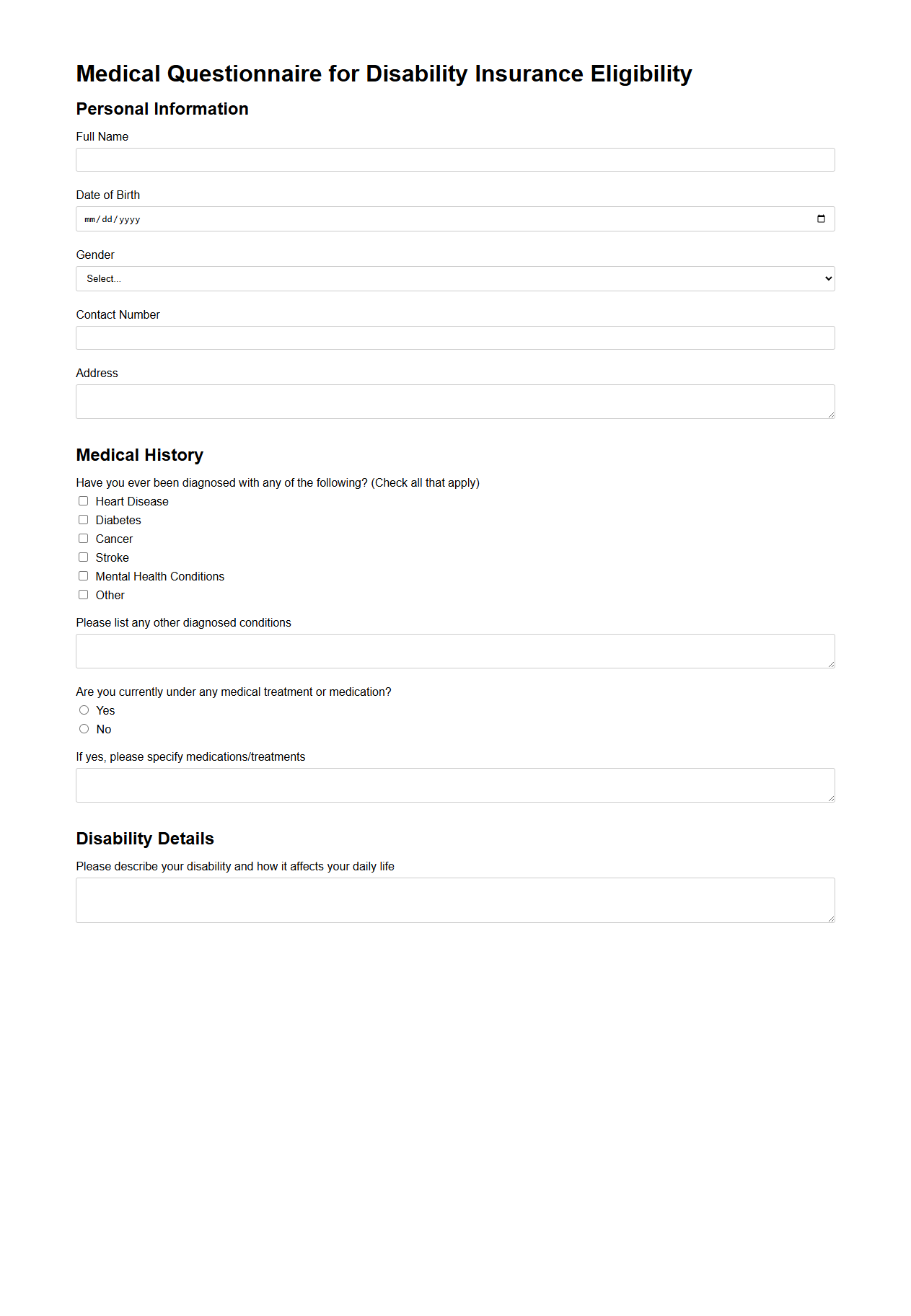 Medical Questionnaire for Disability Insurance Eligibility