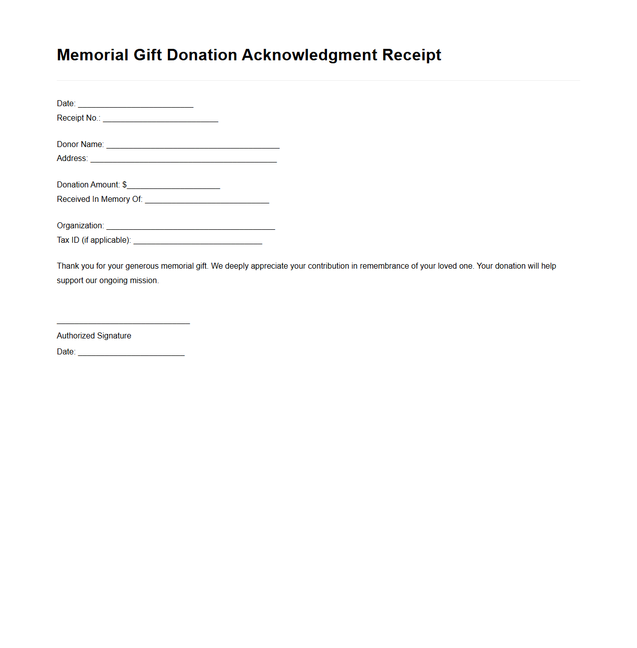 Memorial Gift Donation Acknowledgment Receipt