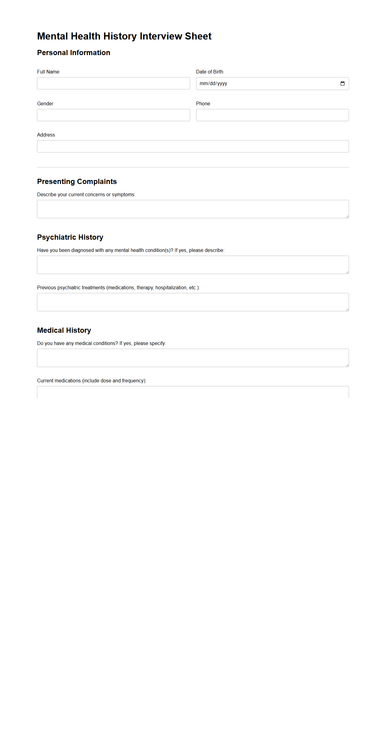 Mental Health History Interview Sheet