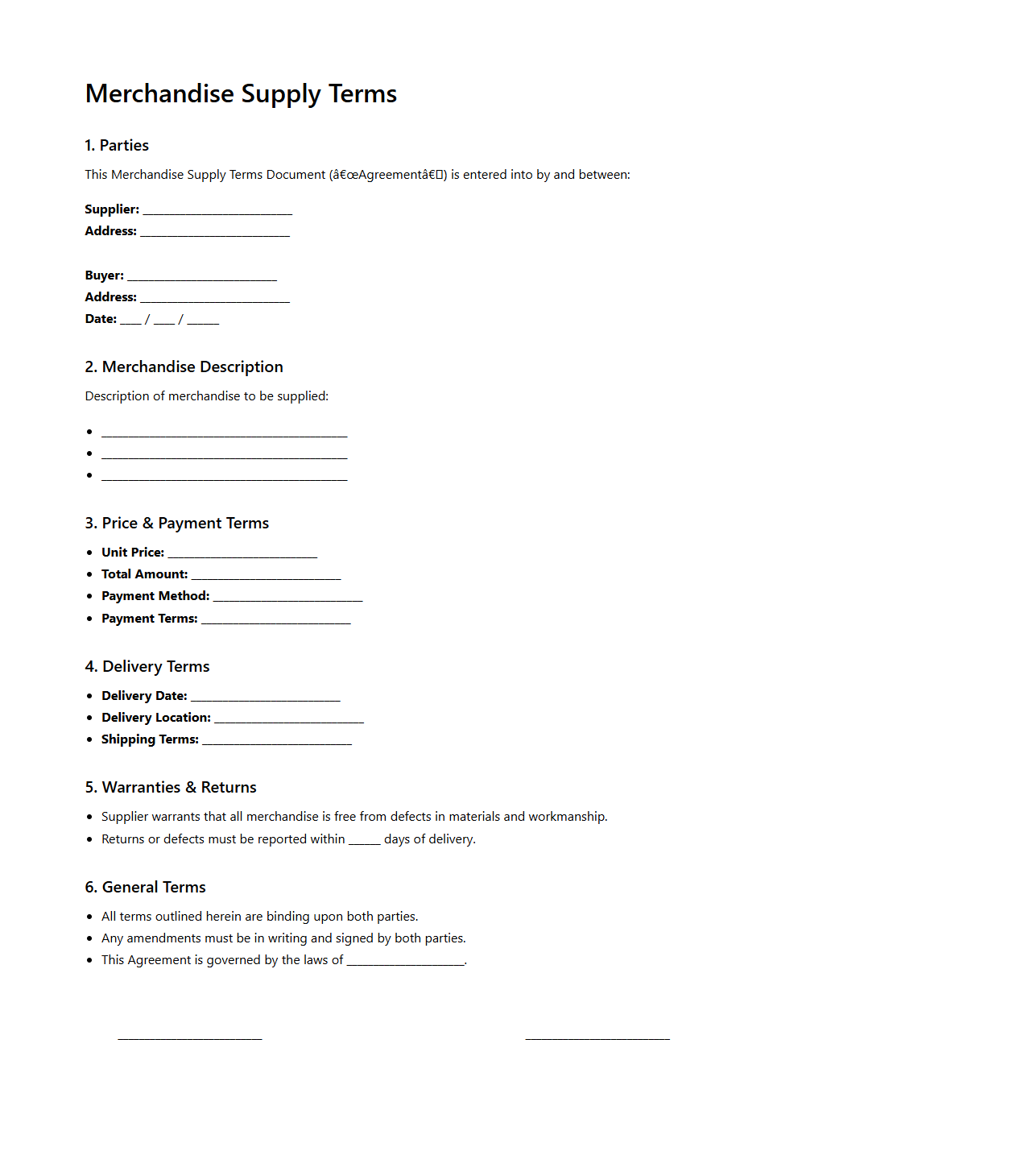 Merchandise Supply Terms Document