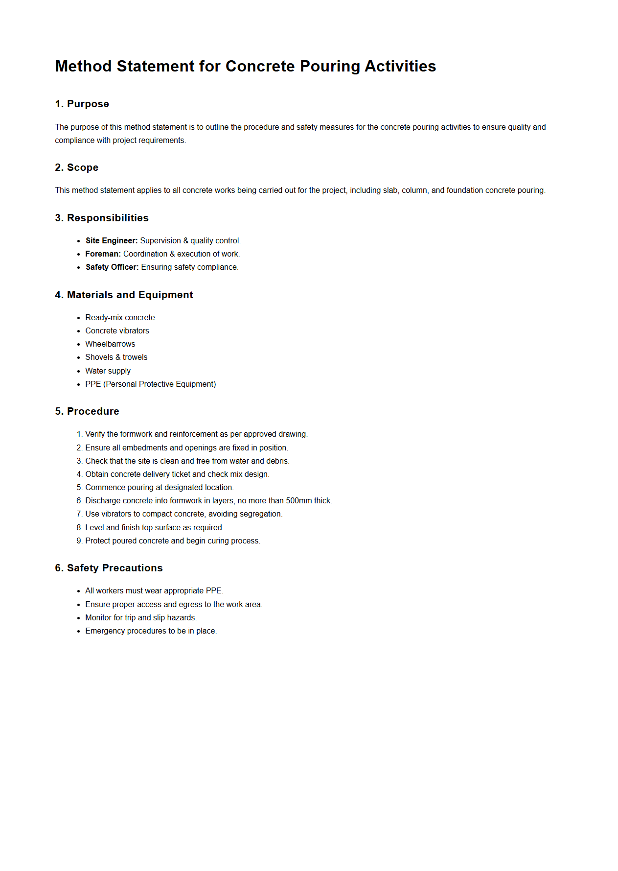 Method Statement for Concrete Pouring Activities