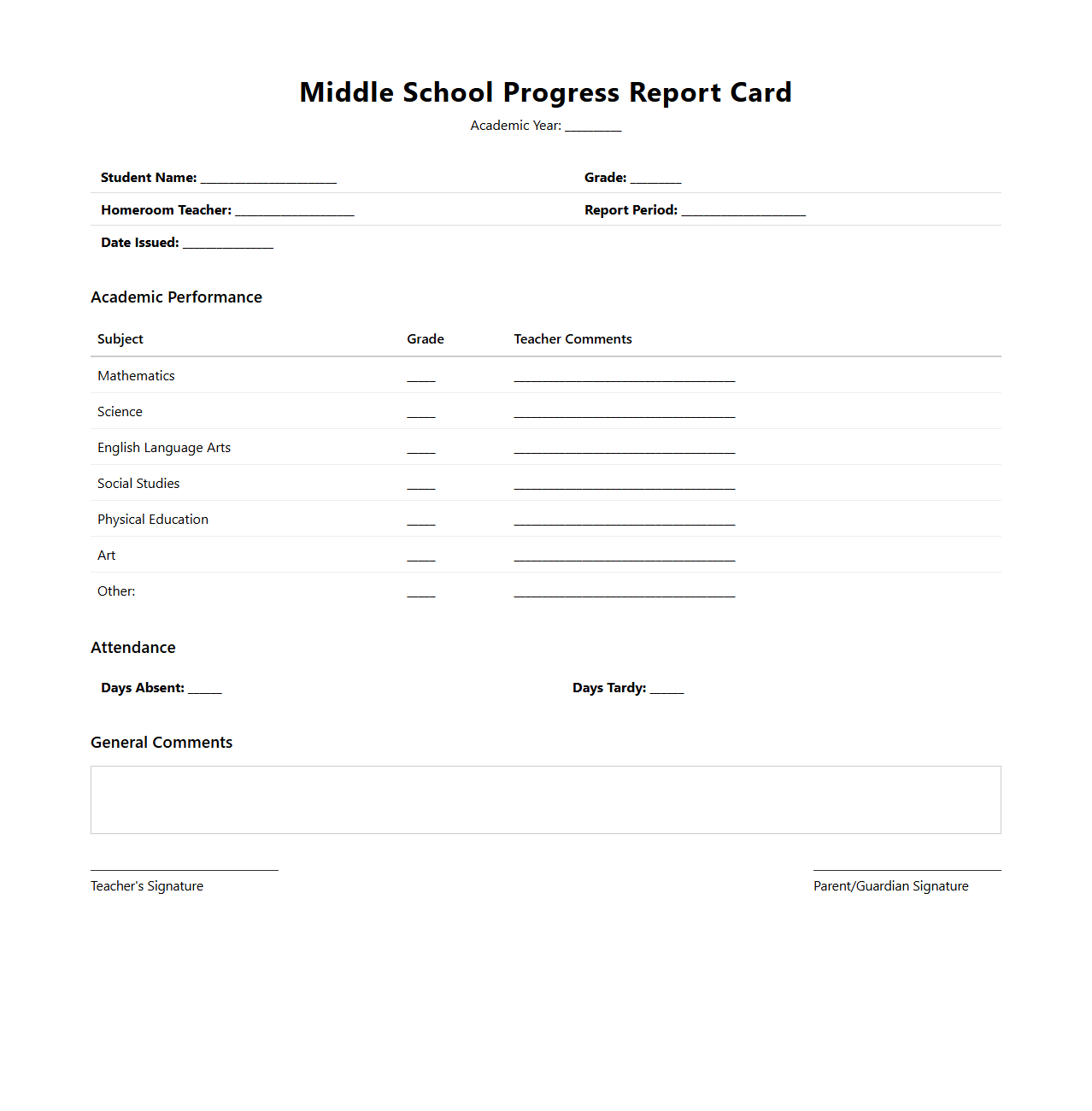 Middle School Progress Report Card Example