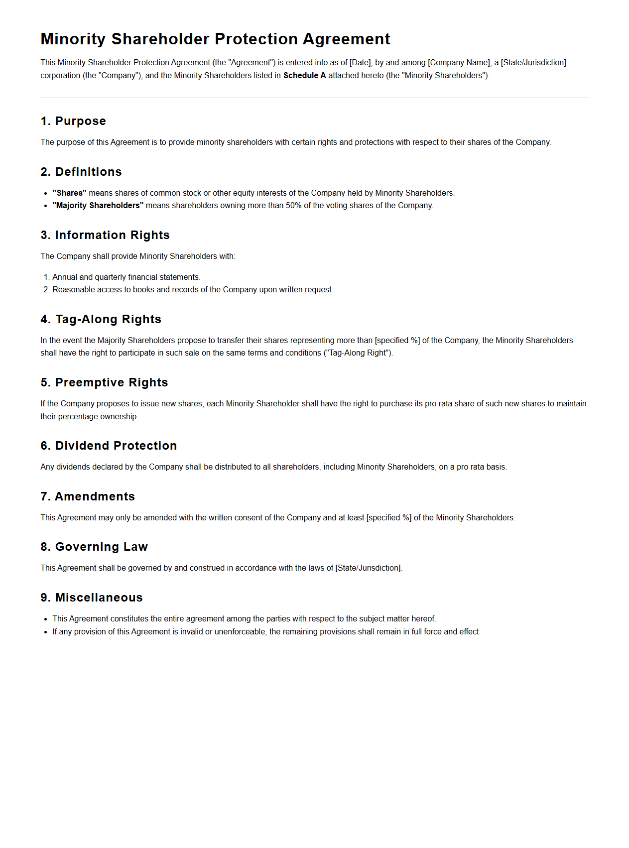 Minority Shareholder Protection Agreement Sample