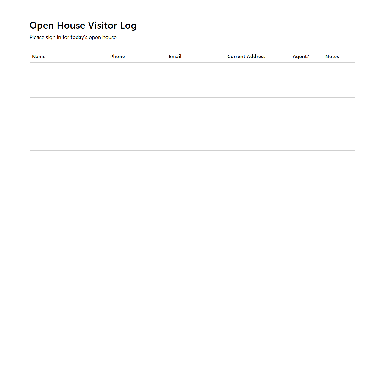 Modern Realtor Open House Visitor Log