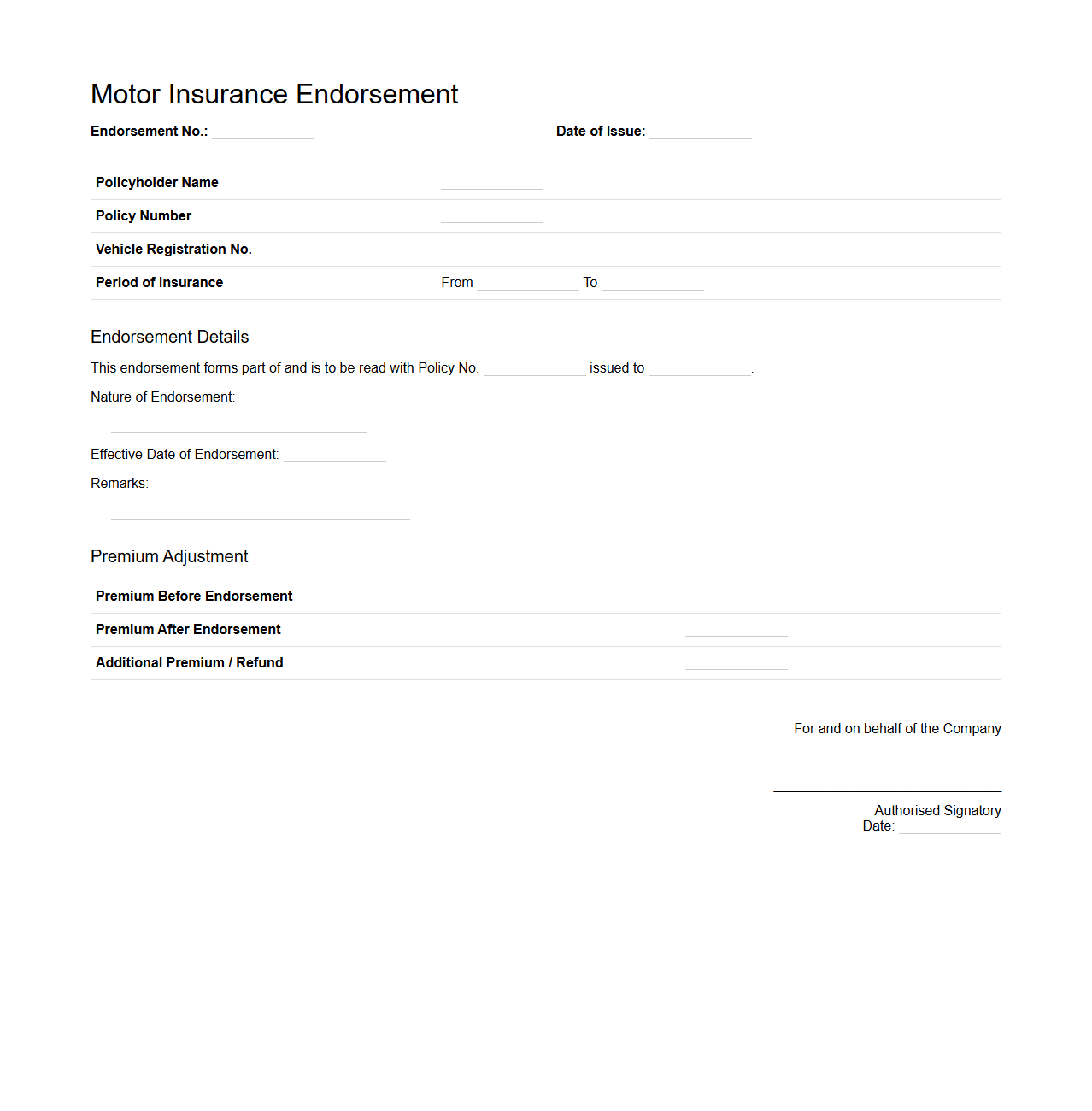 Motor Insurance Endorsement Document Template