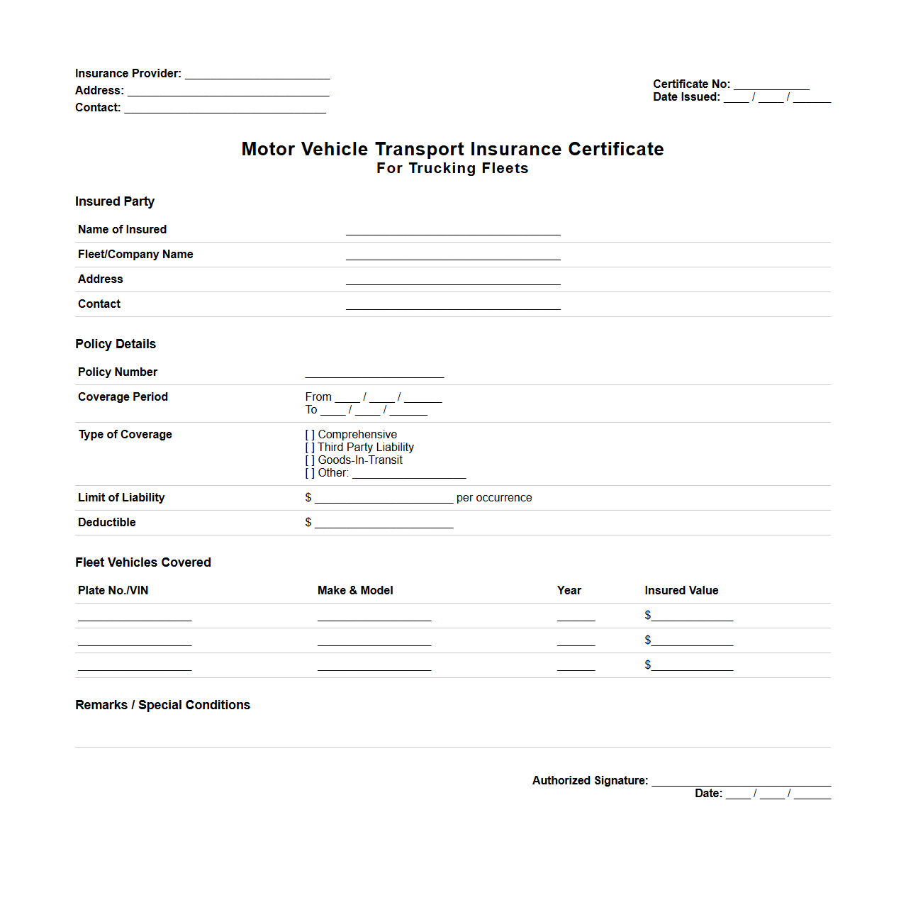 Motor Vehicle Transport Insurance Certificate for Trucking Fleets