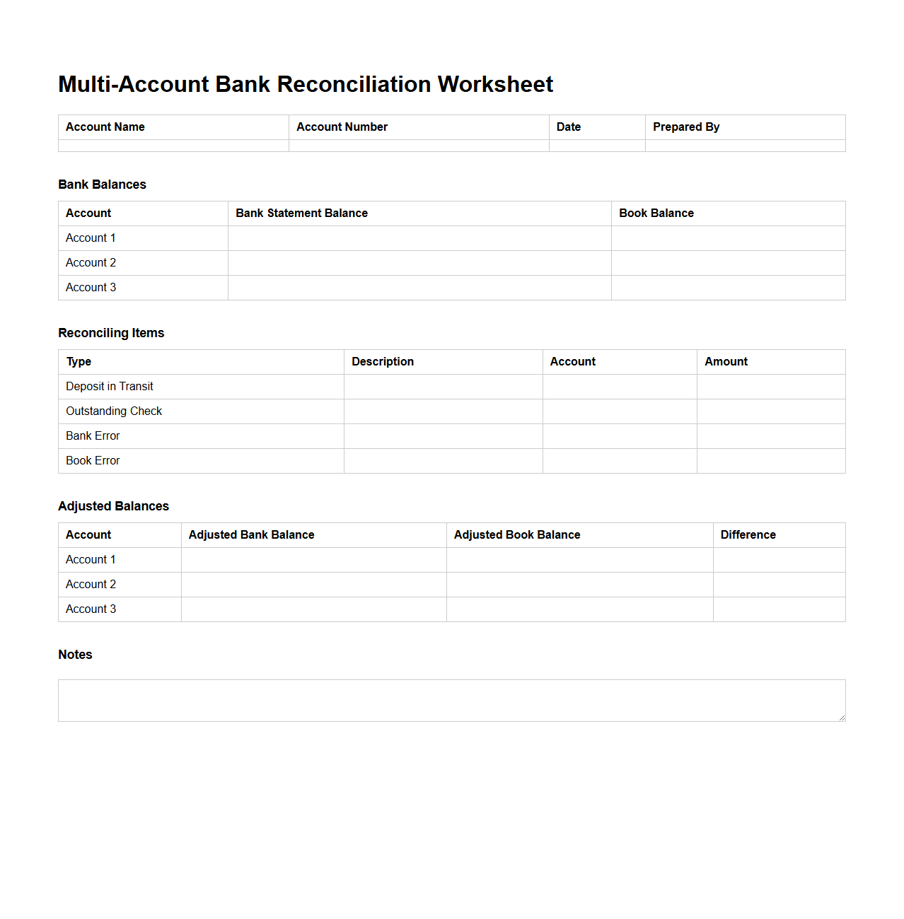 Multi-Account Bank Reconciliation Worksheet