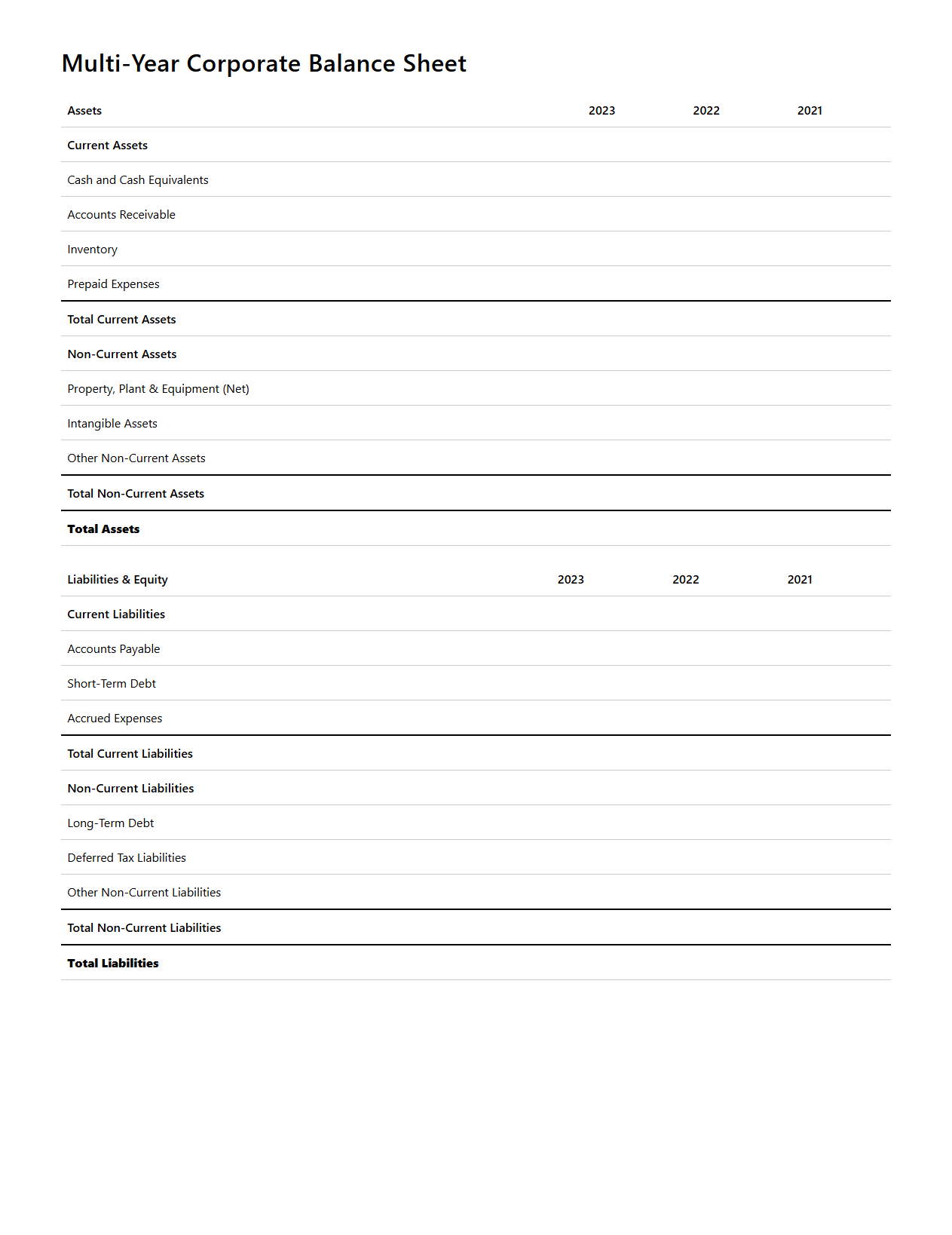 Multi-Year Corporate Balance Sheet Sample