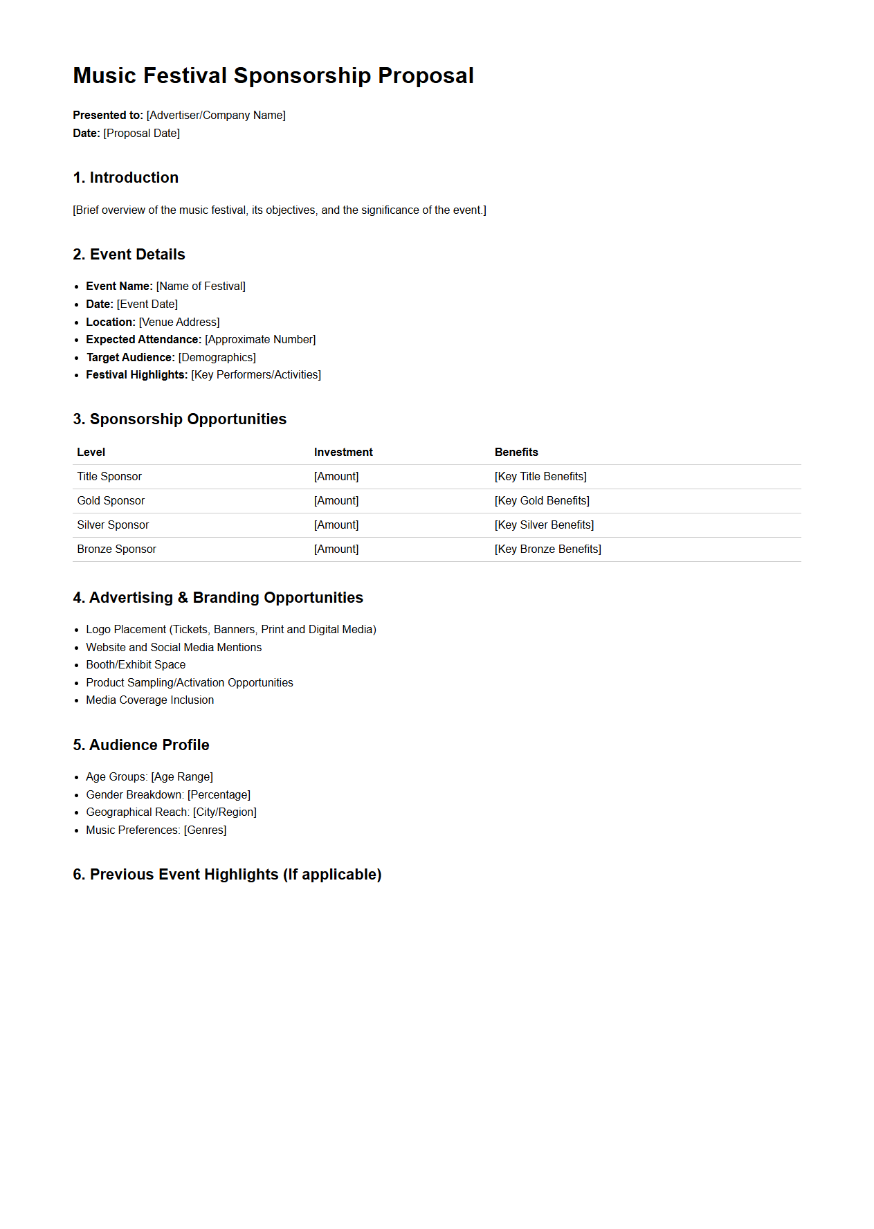 Music Festival Sponsorship Proposal Format for Advertisers