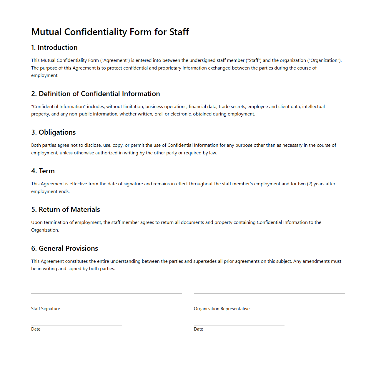Mutual Confidentiality Form for Staff