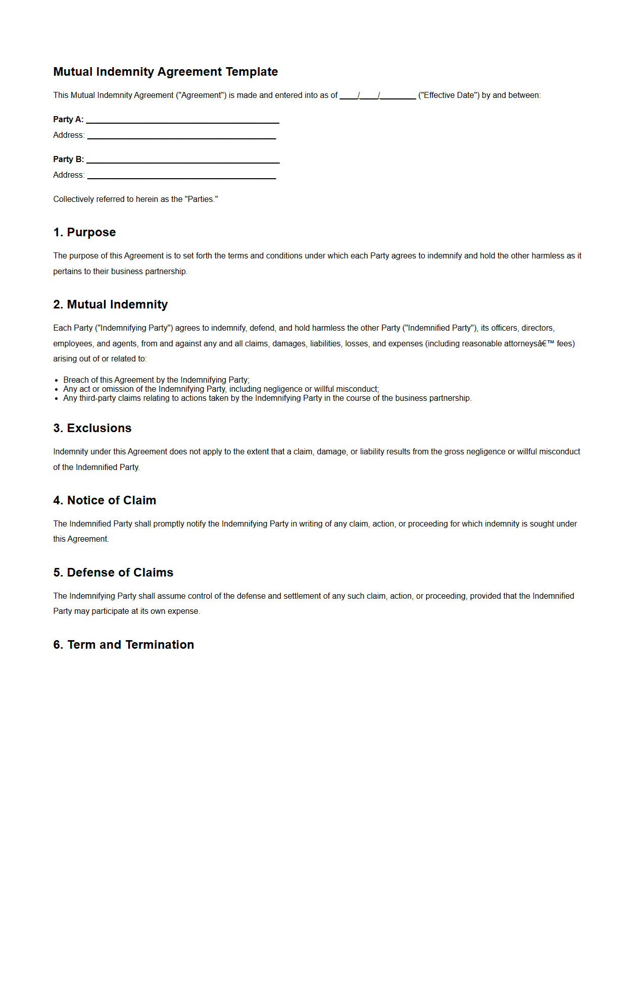 Mutual Indemnity Agreement Template for Business Partnerships