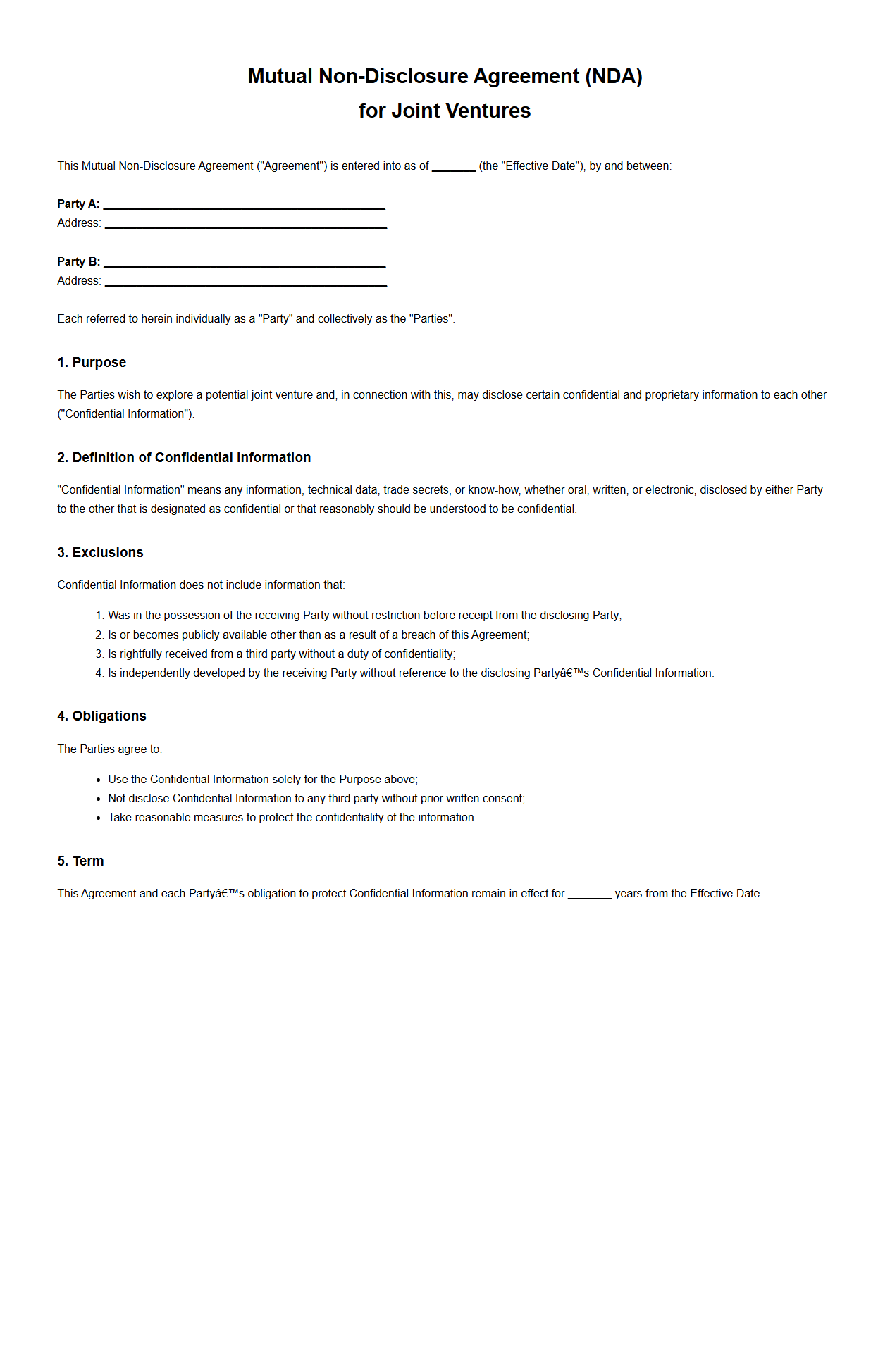Mutual Non-Disclosure Agreement Template for Joint Ventures